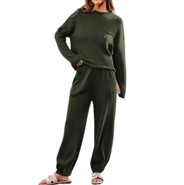 PrettyGarden Women's 2 Piece Sweater Set, Army Green, Size S
