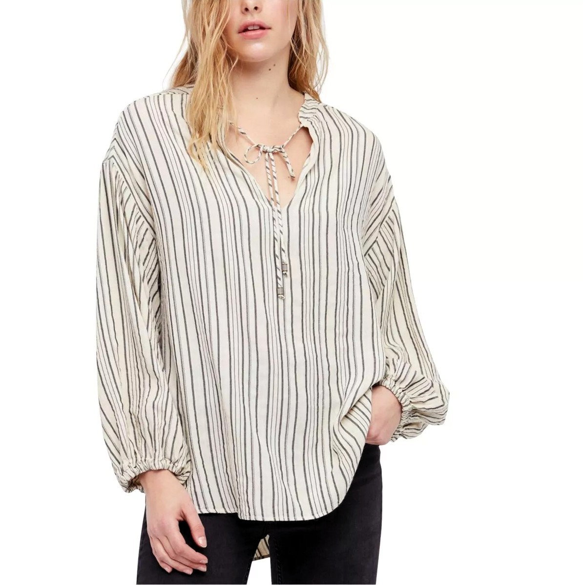 Free People Striped Bishop-Sleeve Tunic Blouse S – Boho Chic, All-Seasons