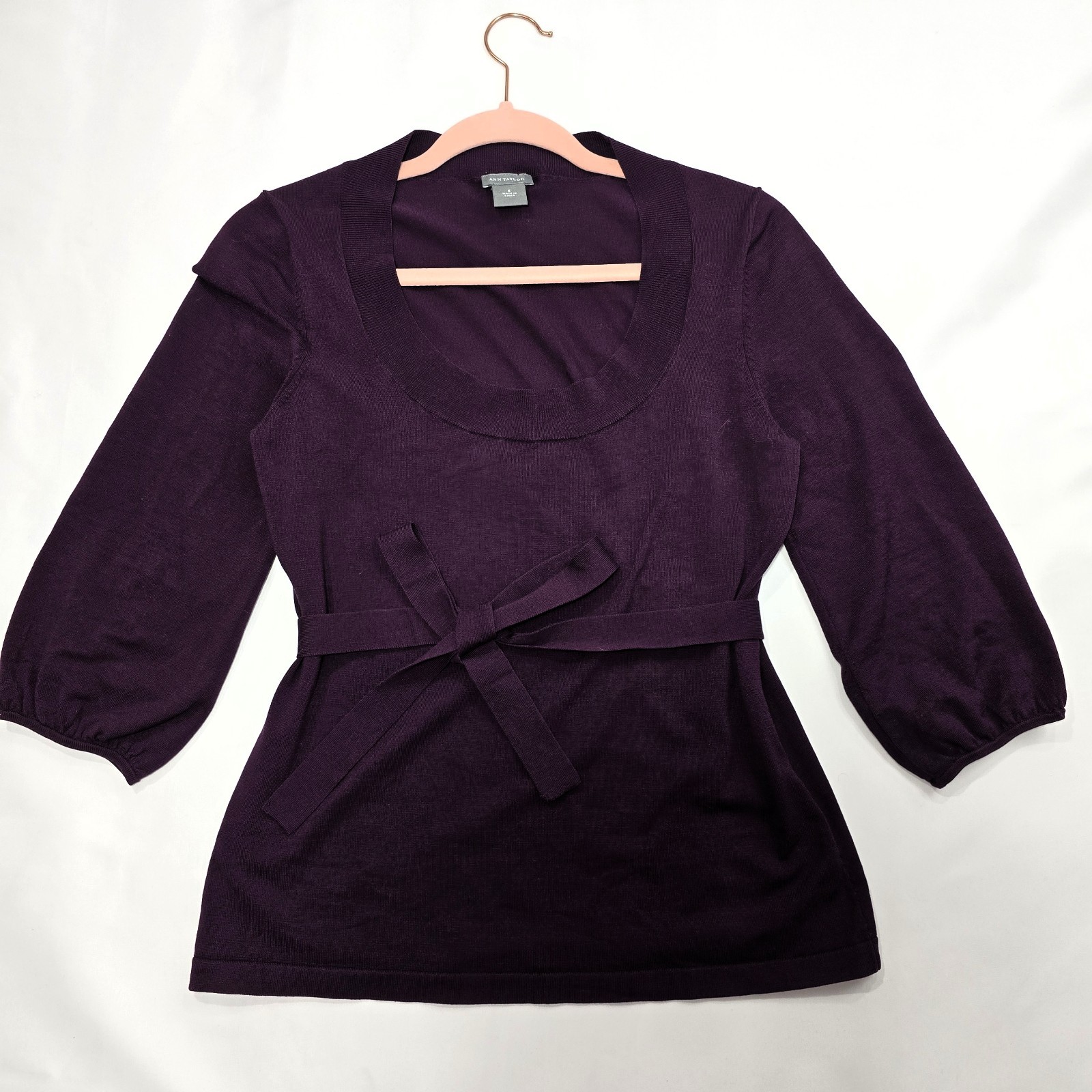 Ann Taylor Women’s Plum Sweater Belted Scoop Neck 3/4 Sleeve Size S