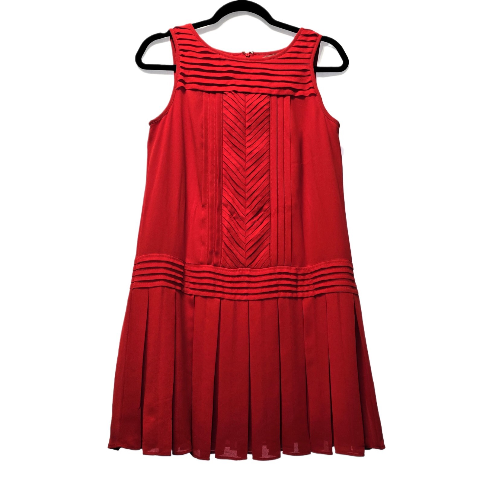 Ann Taylor Loft Red Chiffon Sleeveless Drop Waist Dress, Size 4 Petite.
