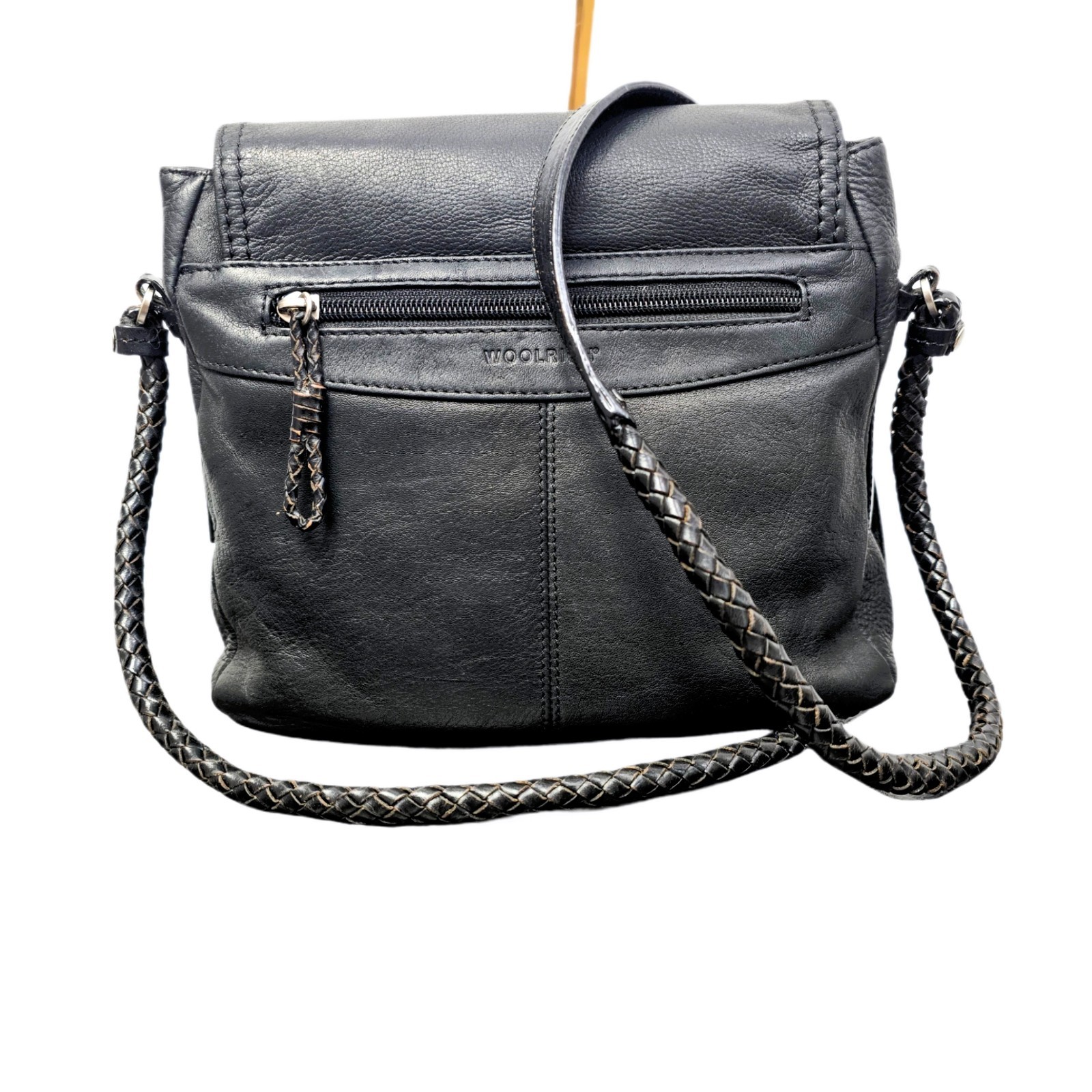 Woolrich Black Genuine Leather Crossbody Bag Braided Strap Multiple Pockets - Used