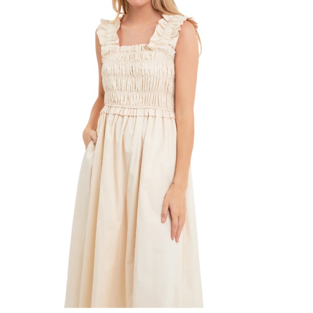 English Factory Women's Ruffled Shoulder Straps Midi Dress | Beige | Size S