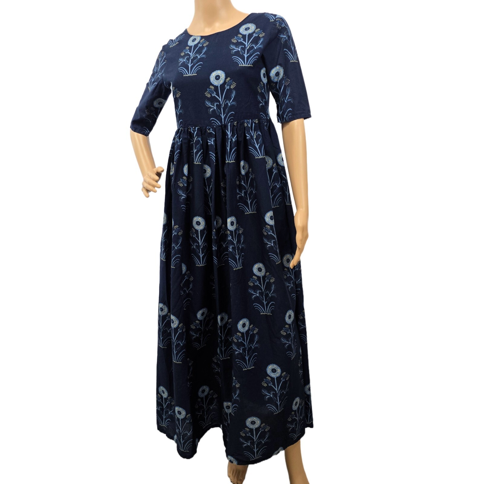 Vishudh Women’s Printed Ankle-Length Aline Dress, Blue, Size S
