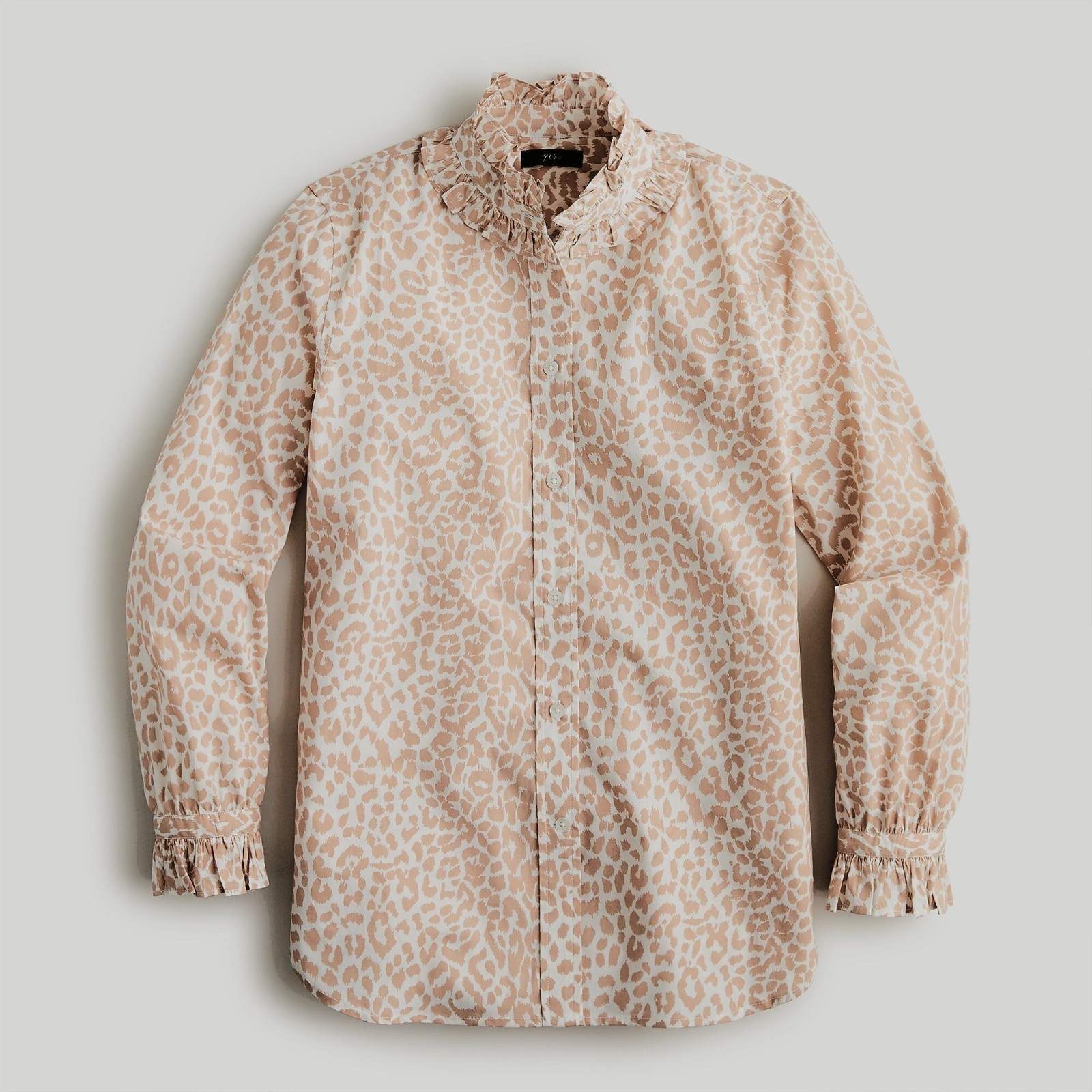 J Crew Women’s Classic-Fit Leopard Print Ruffle Neck & Cuff Shirt Blouse Sz 2