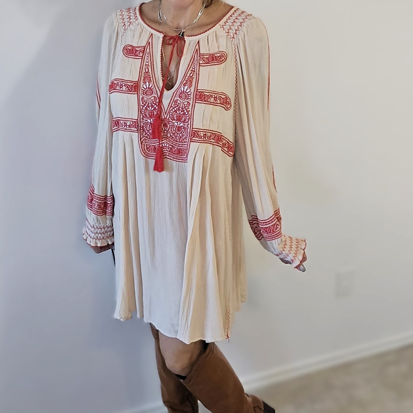 Free People Wind Willow Mini Peasant Dress for Women – Size L, Ivory and Red