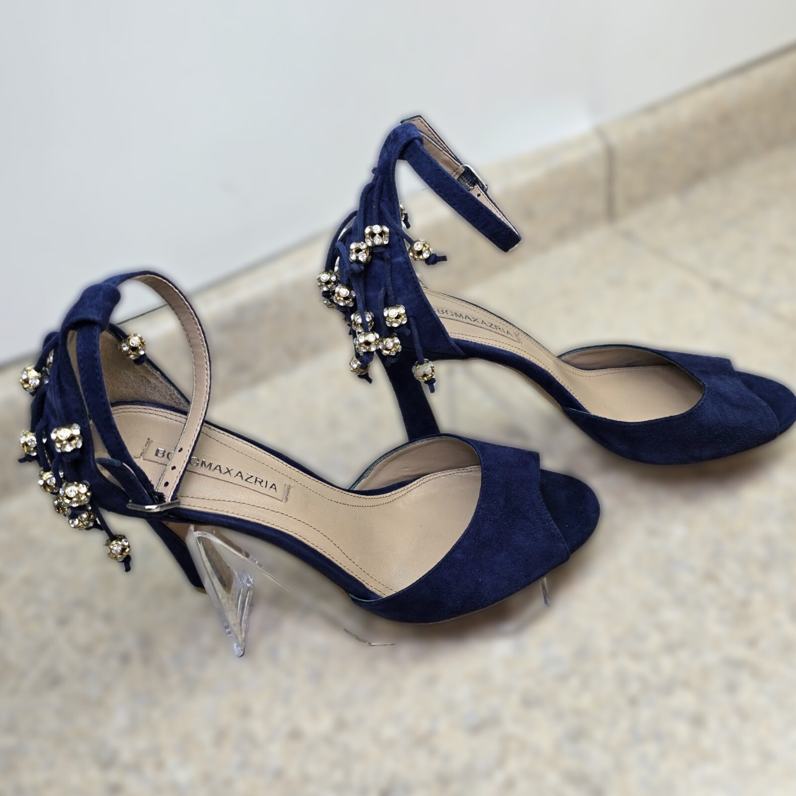 BCBG MAXAZRIA Women’s Size 8 Suede Heeled Sandals with Rhinestone Accents