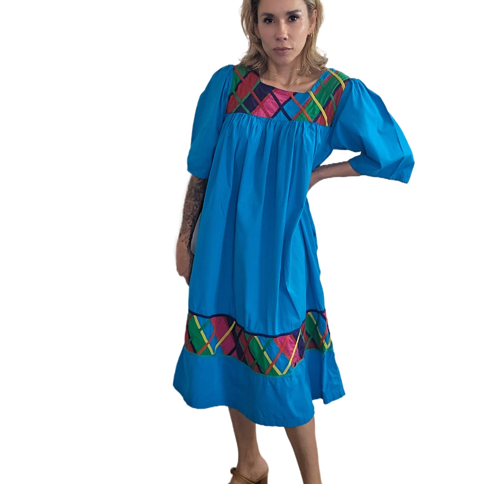 Vintage 1980s La Cera Blue Cotton Dress Size L – Embroidered Boho Midi