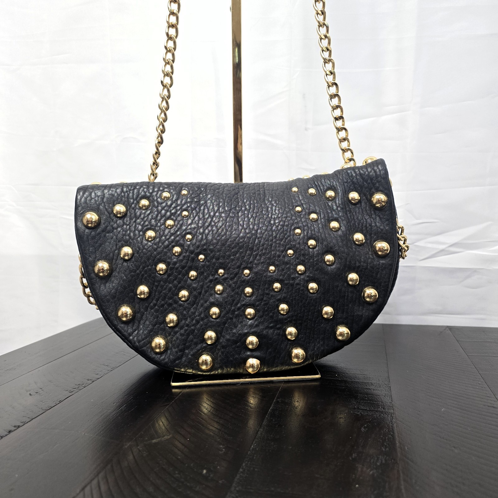 Badgley Mischka Black Leather Studded Crossbody Bag Chain Strap - Used