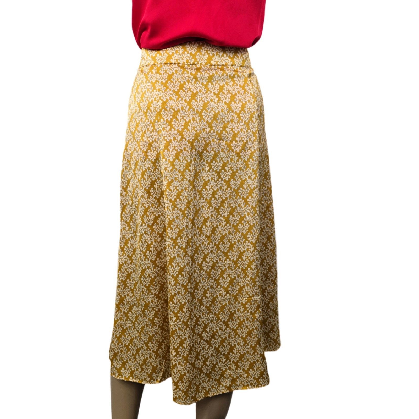 LOFT Gold Floral Satin Midi Skirt Size 0 A-Line Front Slit Yellow White Floral