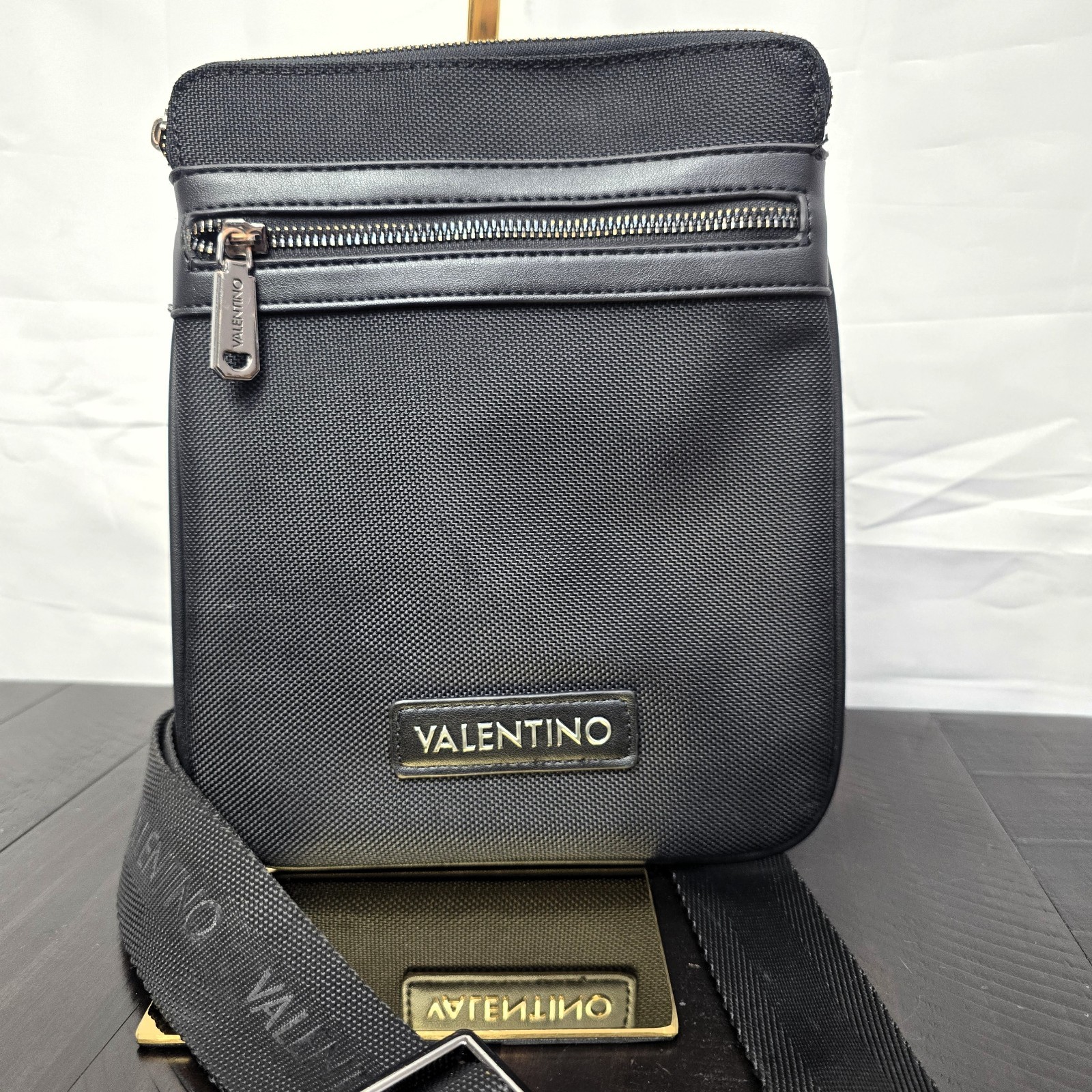 Valentino Men's Anakin Black Flight Crossbody Bag Canvas Leather Trim - Used