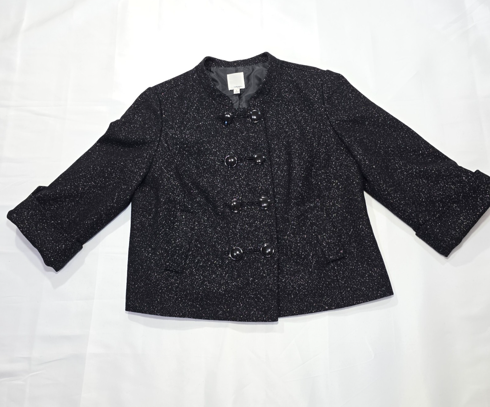 Halogen Virgin Wool Double-Breasted Black Silver Metallic Blazer Large