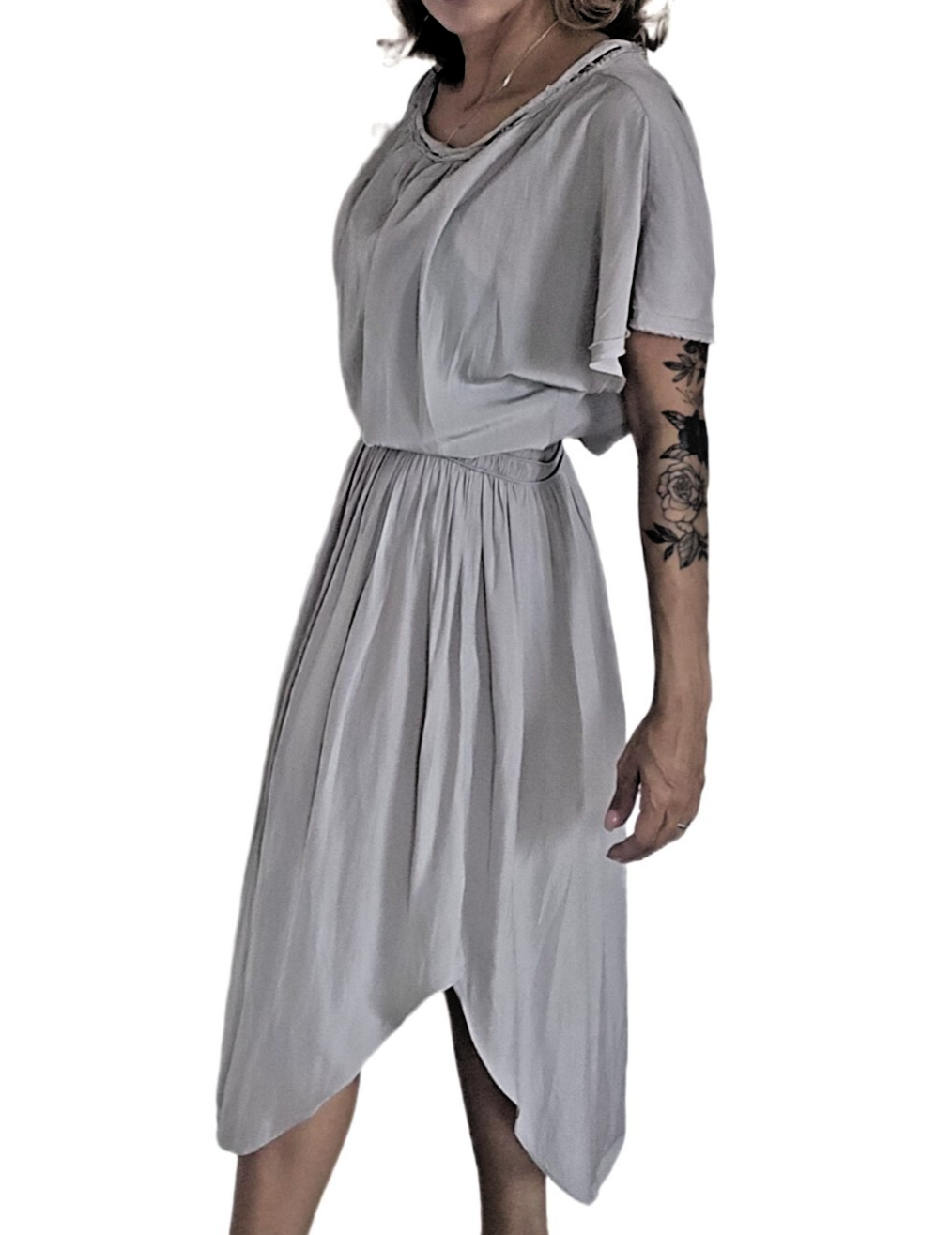 Ramy Brook “Audrey” Gray Smocked Waist Frayed Neck Blouson Midi Dress S