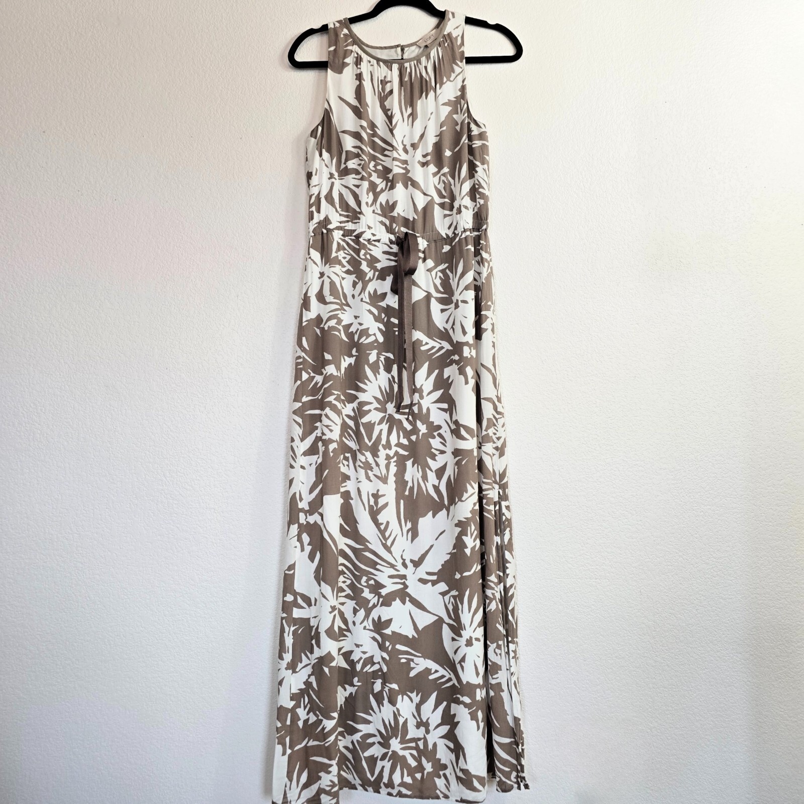 LOFT Women’s Brown White Floral Maxi Dress Sz 2 Sleeveless Tie Waist