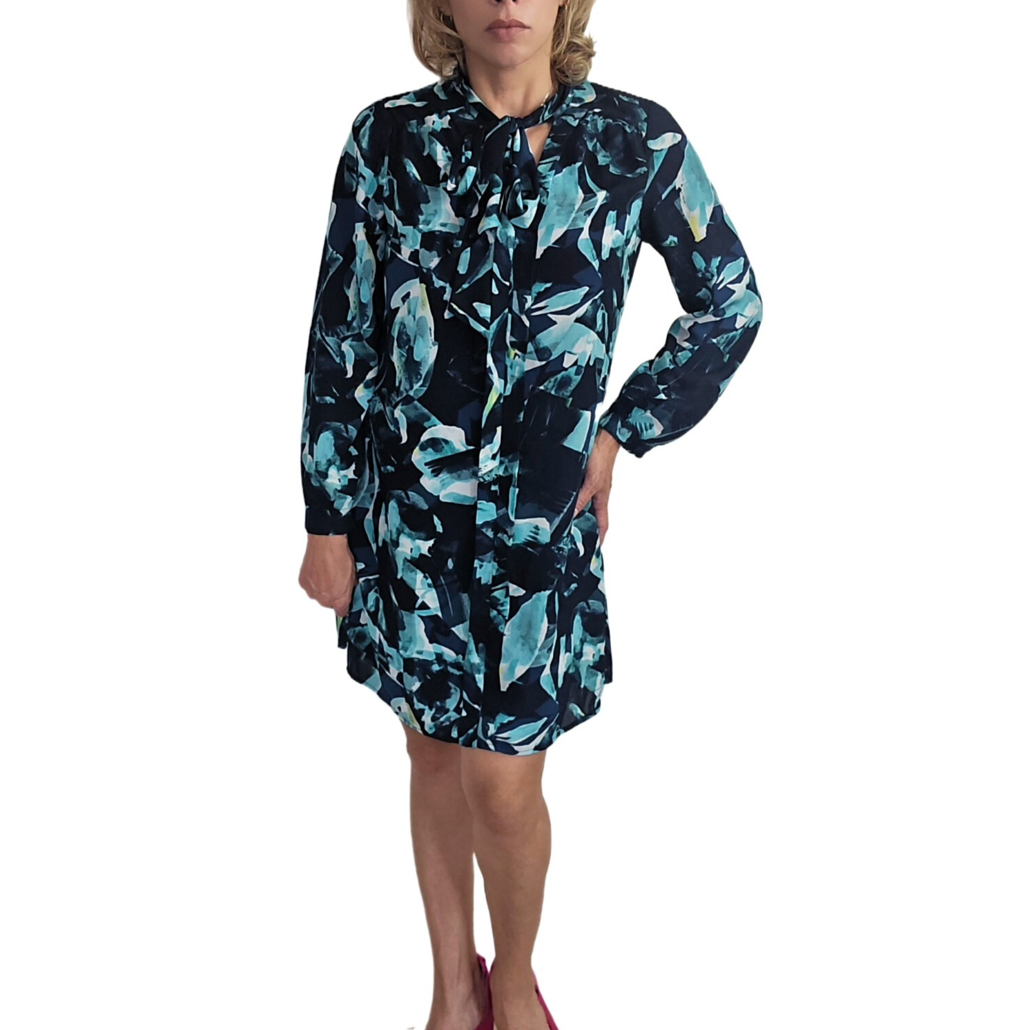 Cupio Tie Neck Abstract Dress Size S Long Sleeve Lined Blue Shift Style