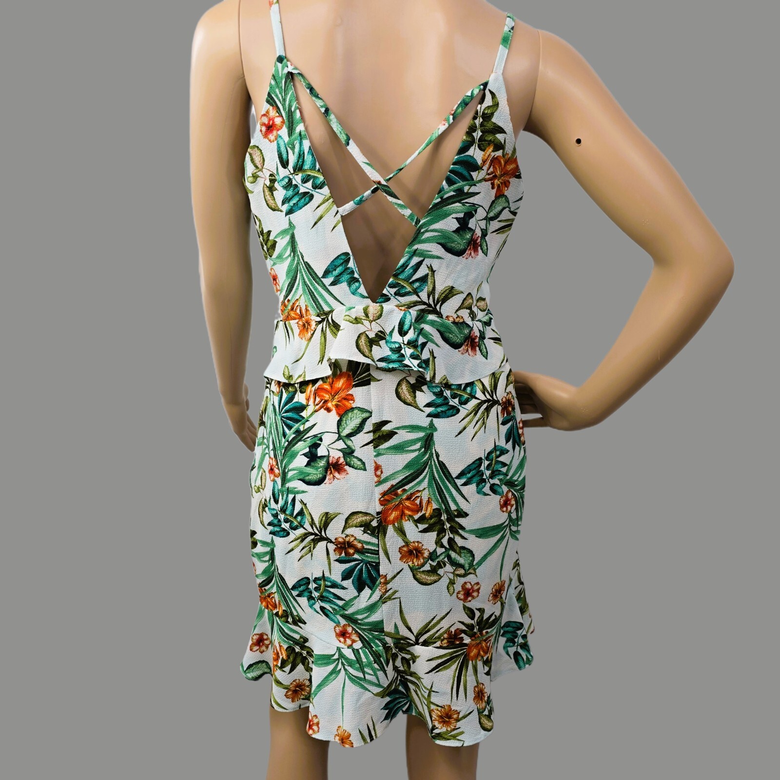 Duplo Sentido Brazilian Tropical Leaf Floral V-Neck Mini Dress M