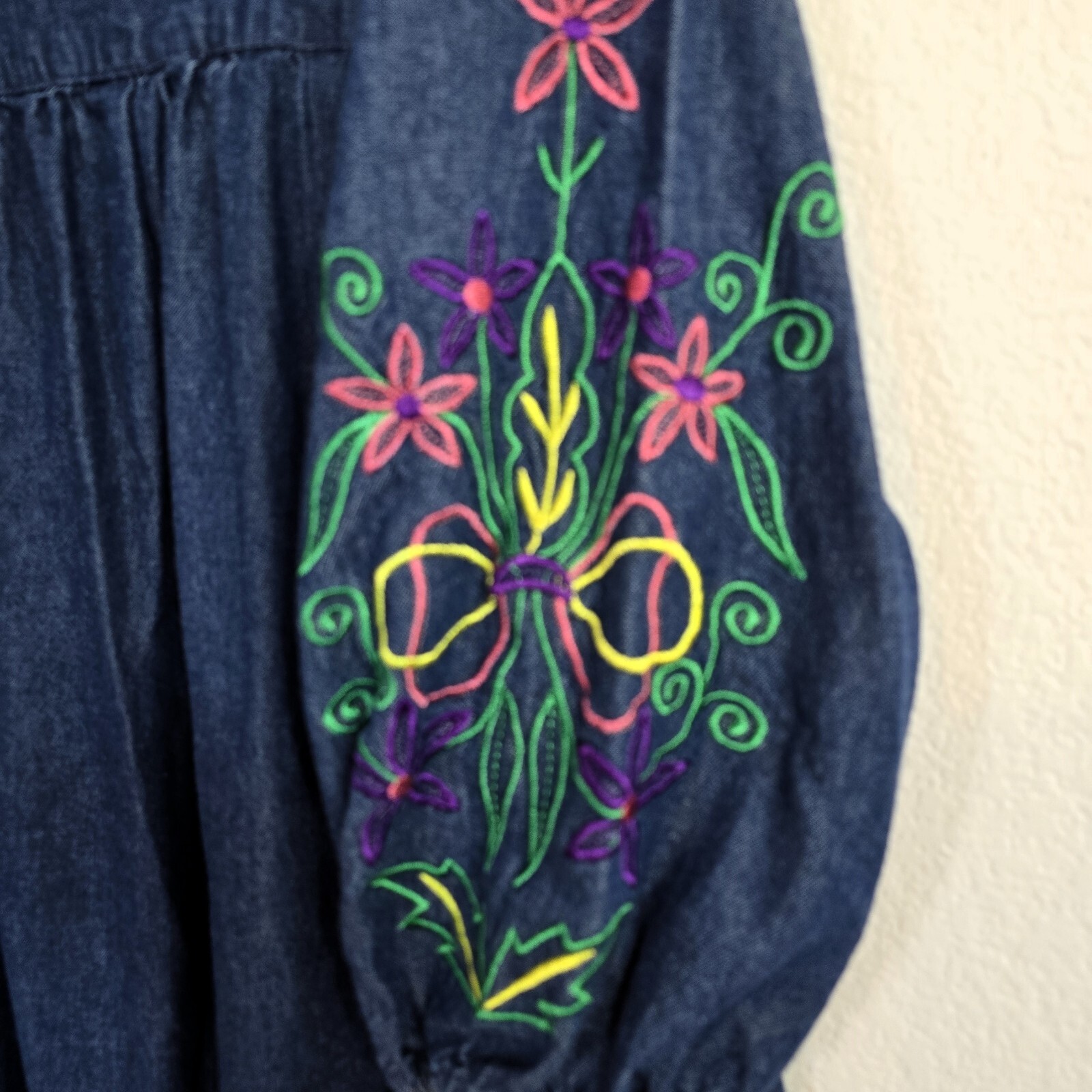 VTG Naqui NY 1XL Denim Embroidered Boho Cottagecore Midi Dress w/ Pockets