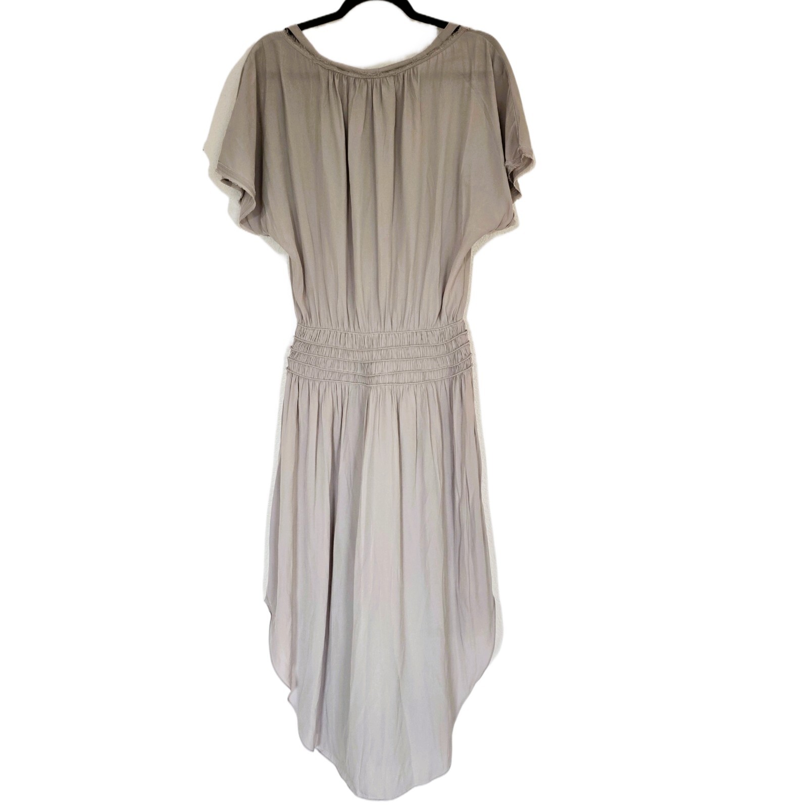 Ramy Brook “Audrey” Gray Smocked Waist Frayed Neck Blouson Midi Dress S