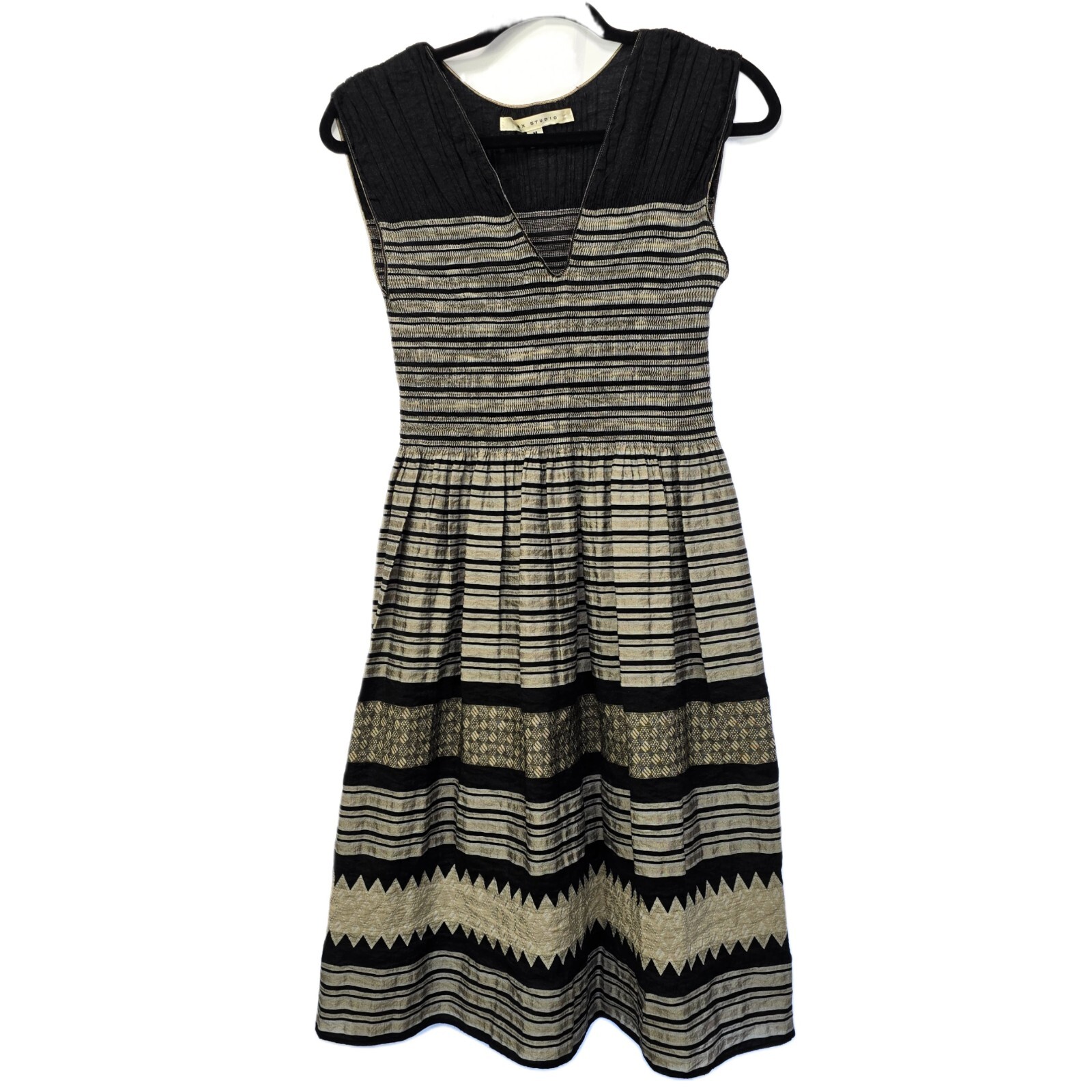 Max Studio Women's V-Neck Fit & Flare Dress M Black Gold Silver Metallic