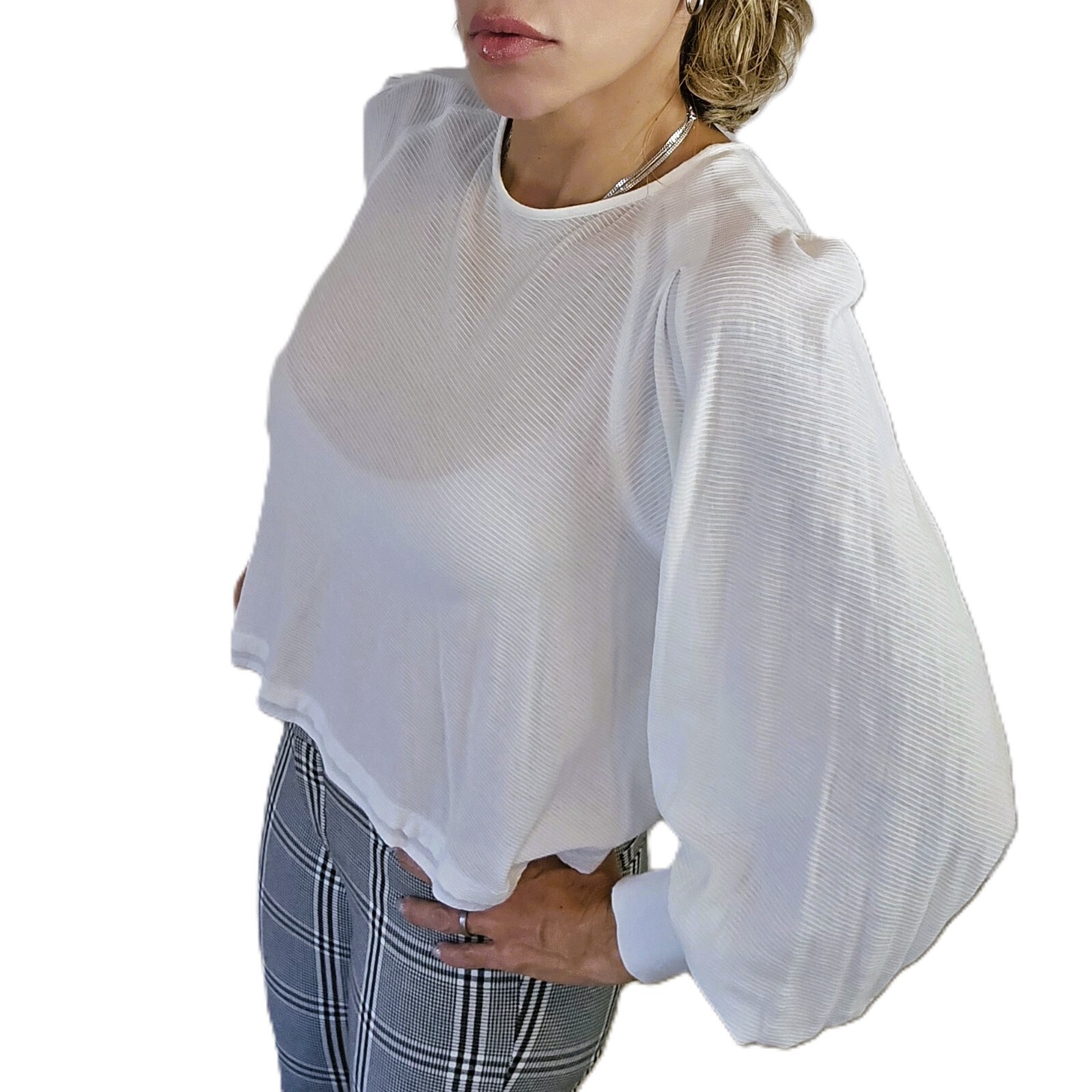 Free People Long-Sleeve Ivory Top - Size XS, Relaxed Fit with Balloon Sleeves