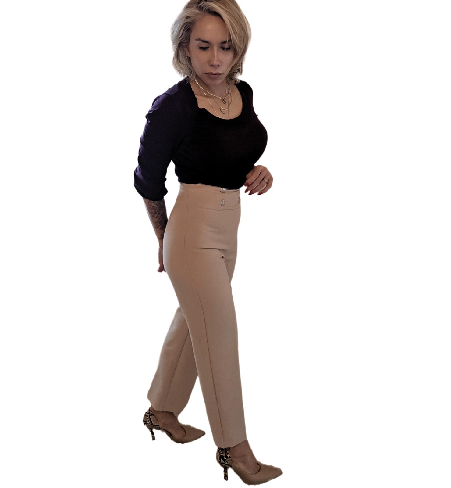 Zara Women's High Waisted Beige Trousers With Button Waist Detail - Size S