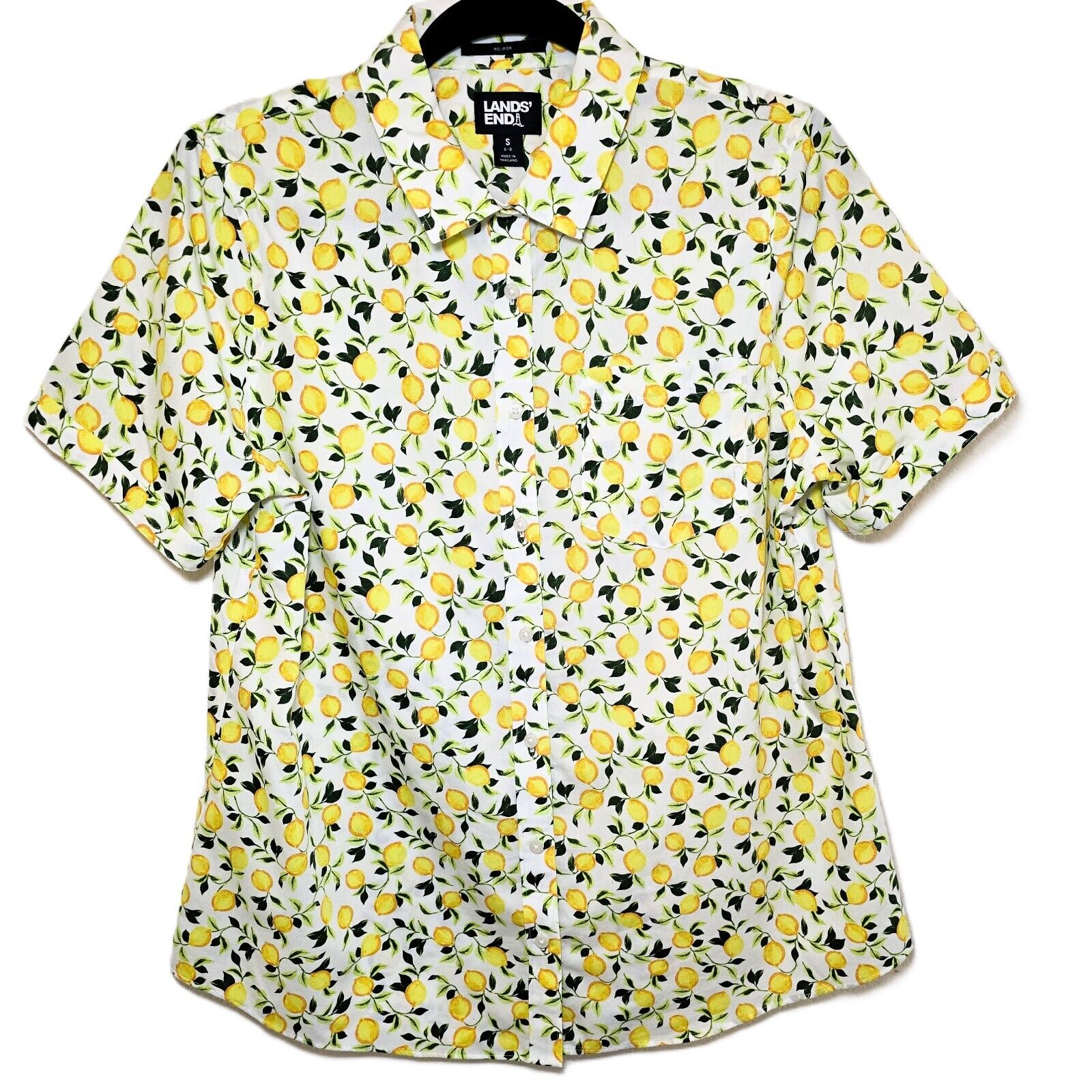 Lands’ End Women’s Wrinkle-Free No-Iron Shirt – Size S, White Lemons Print