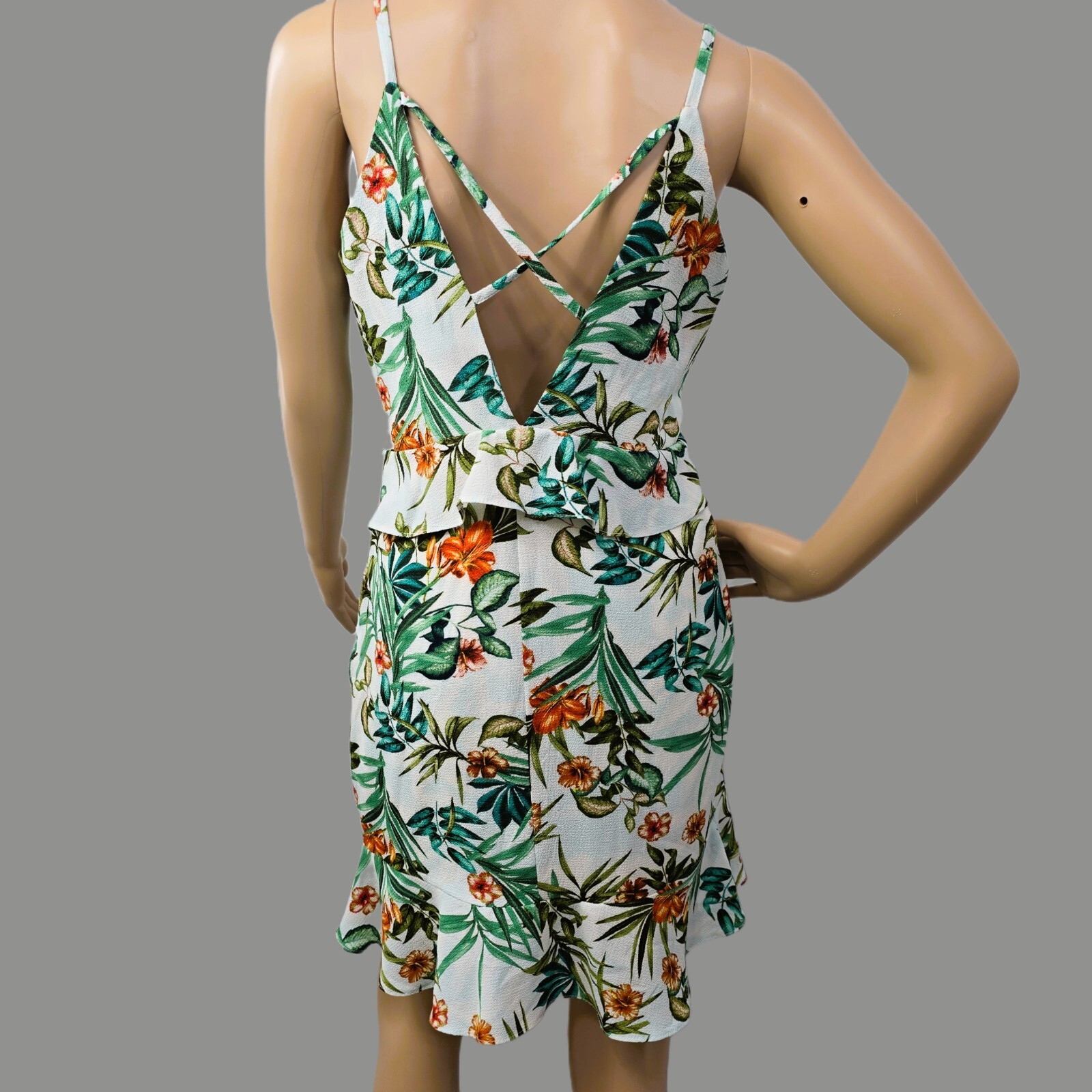Duplo Sentido Brazilian Tropical Leaf Floral V-Neck Mini Dress M