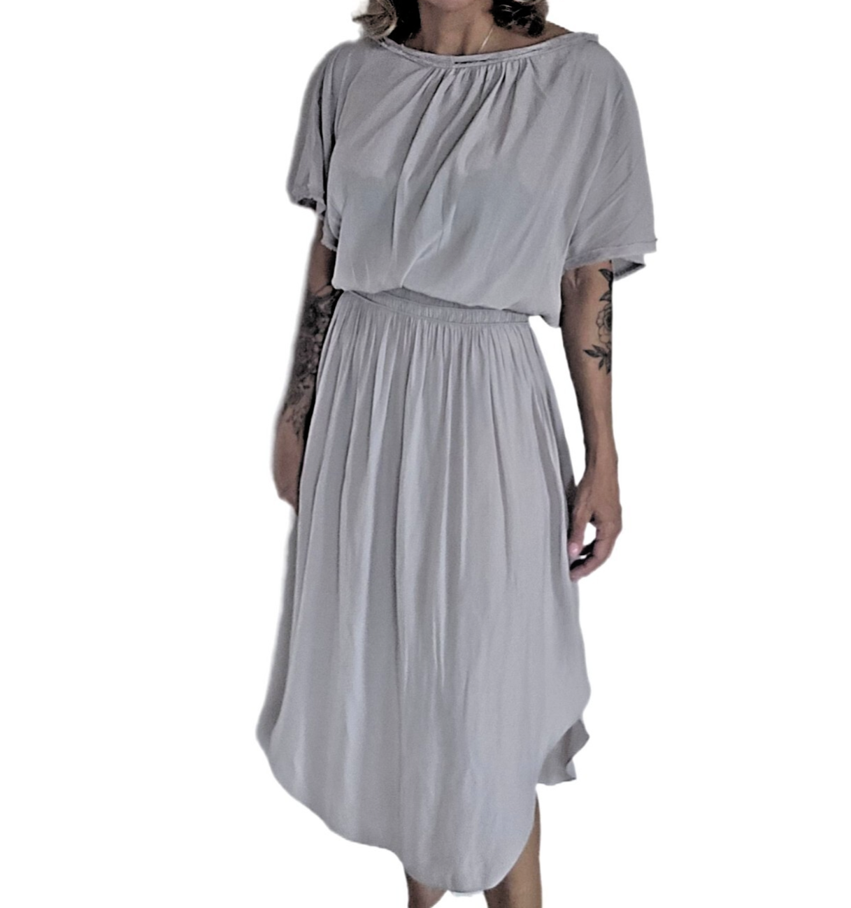 Ramy Brook “Audrey” Gray Smocked Waist Frayed Neck Blouson Midi Dress S