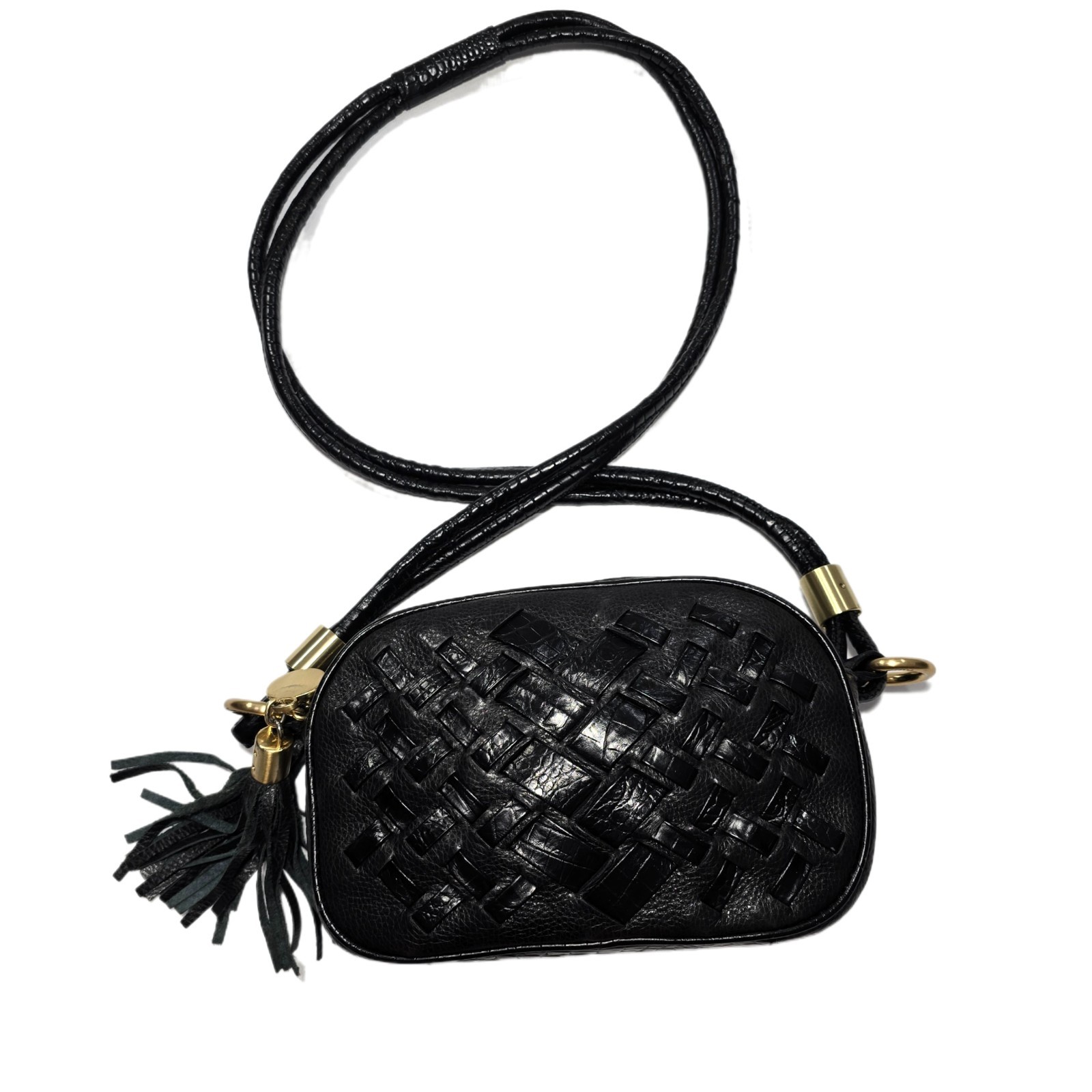 Brahmin Black Leather Multi-Texture Crossbody Bag, Gold Hardware, Key Clip