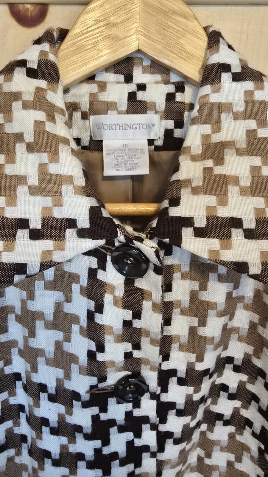 Worthington Women's Classic Coat - Size 10 (Medium) | Houndstooth Brown & Ivory.