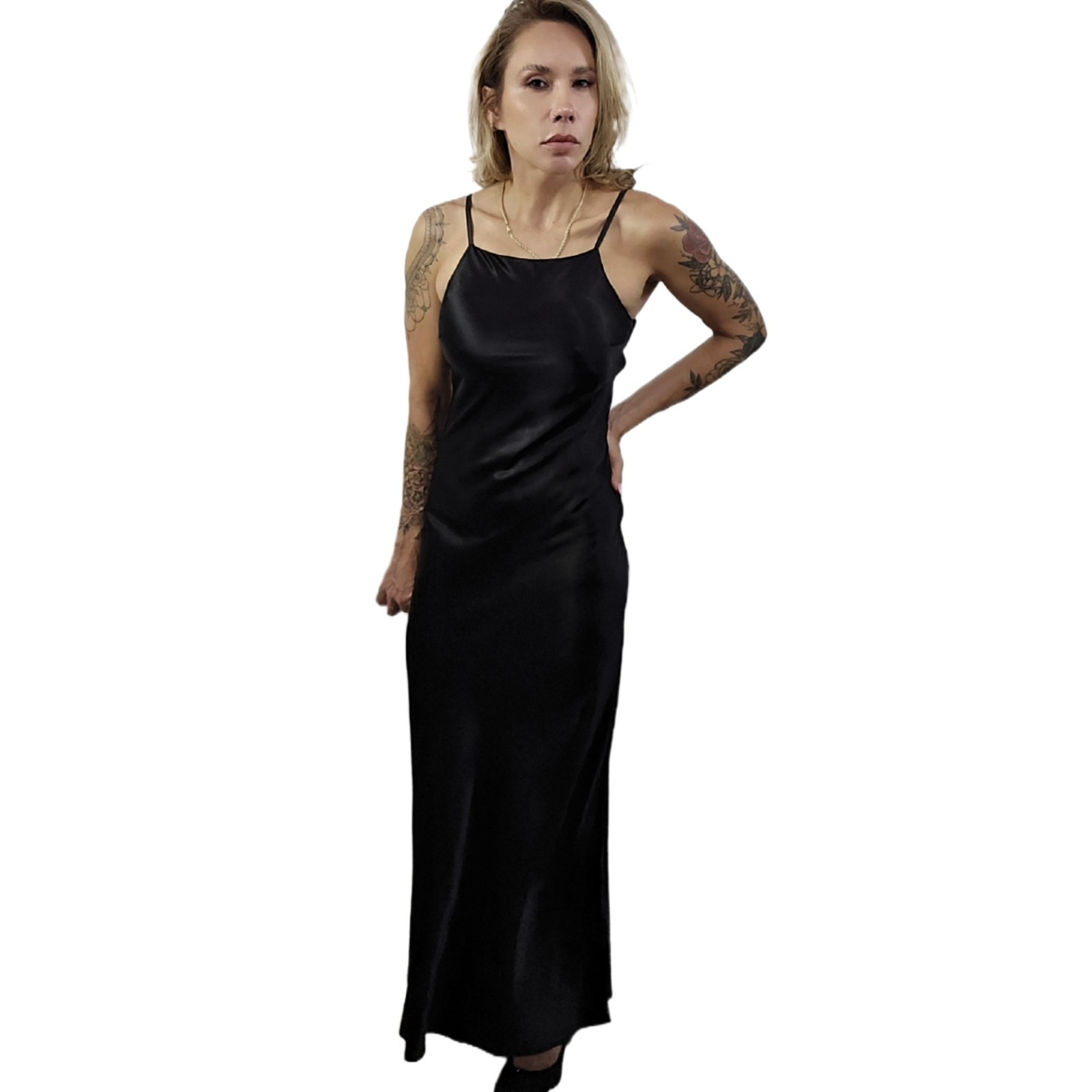 Roberta Vintage 1990s Black Satin Slip Dress Gown 5/6 Beaded Sheer Back