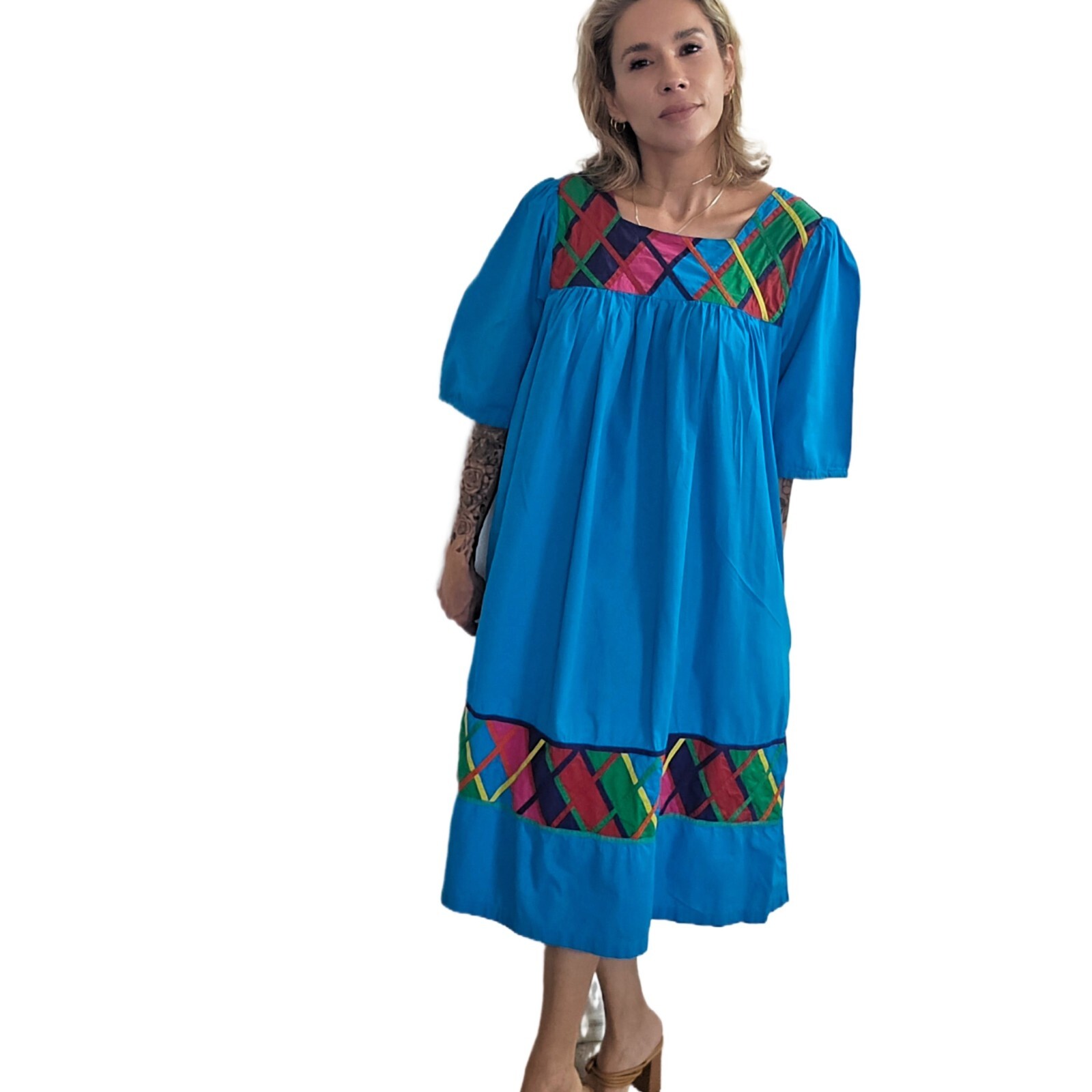 Vintage 1980s La Cera Blue Cotton Dress Size L – Embroidered Boho Midi
