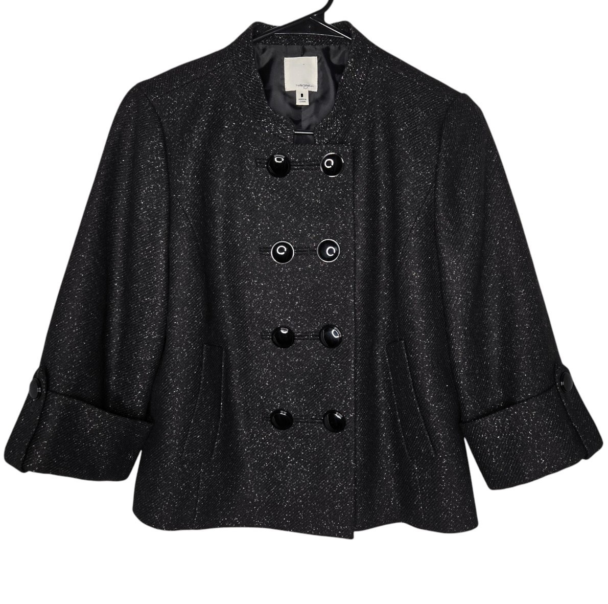 Halogen Virgin Wool Double-Breasted Black Silver Metallic Blazer Large