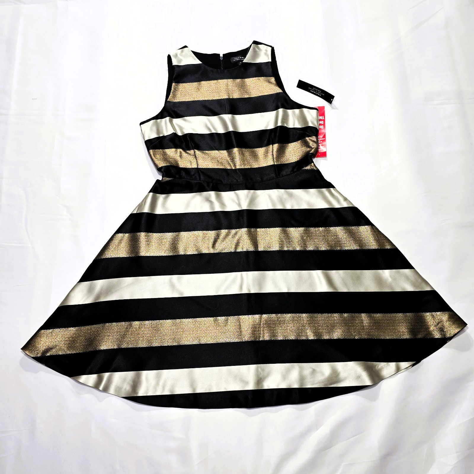 NWT TAHARI Women’s Sleeveless Striped Gold Black Fit & Flare Dress Sz 10