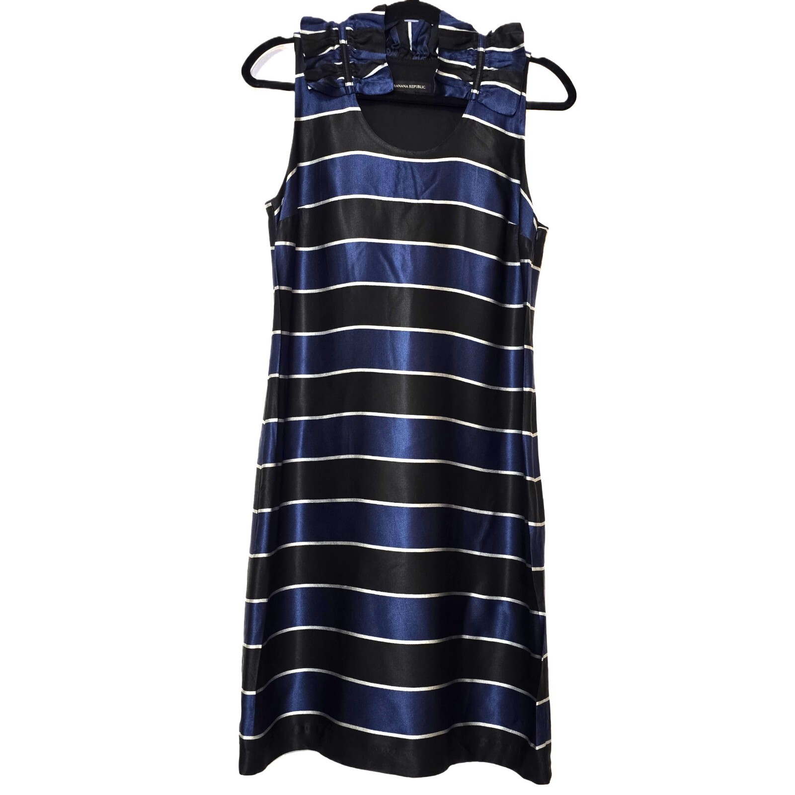 Banana Republic Women’s Size 6 Striped Shift Dress Navy Black Ruffle Neck Sleeve