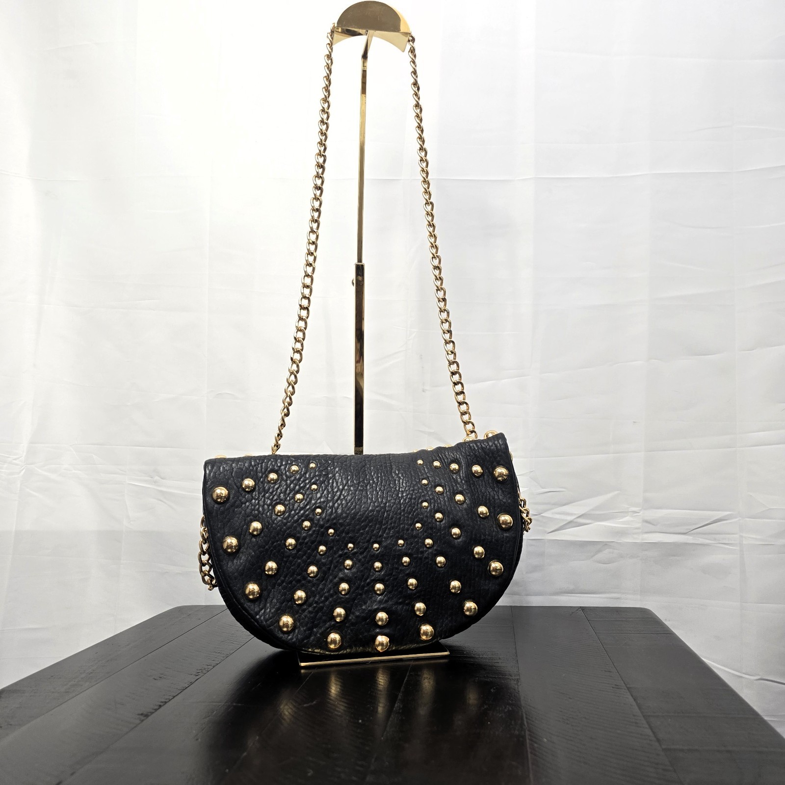 Badgley Mischka Black Leather Studded Crossbody Bag Chain Strap - Used
