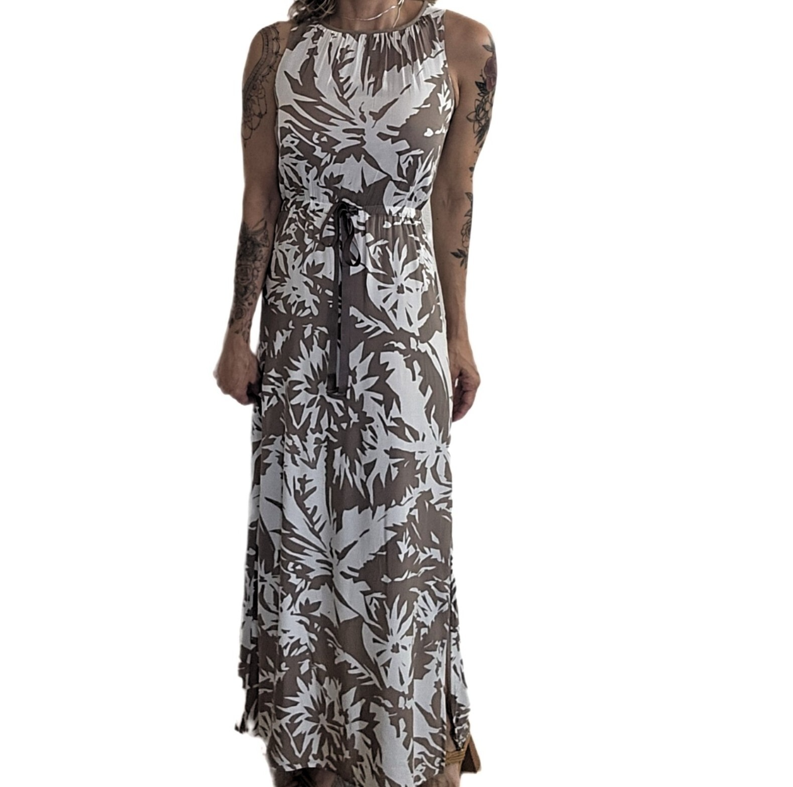 LOFT Women’s Brown White Floral Maxi Dress Sz 2 Sleeveless Tie Waist