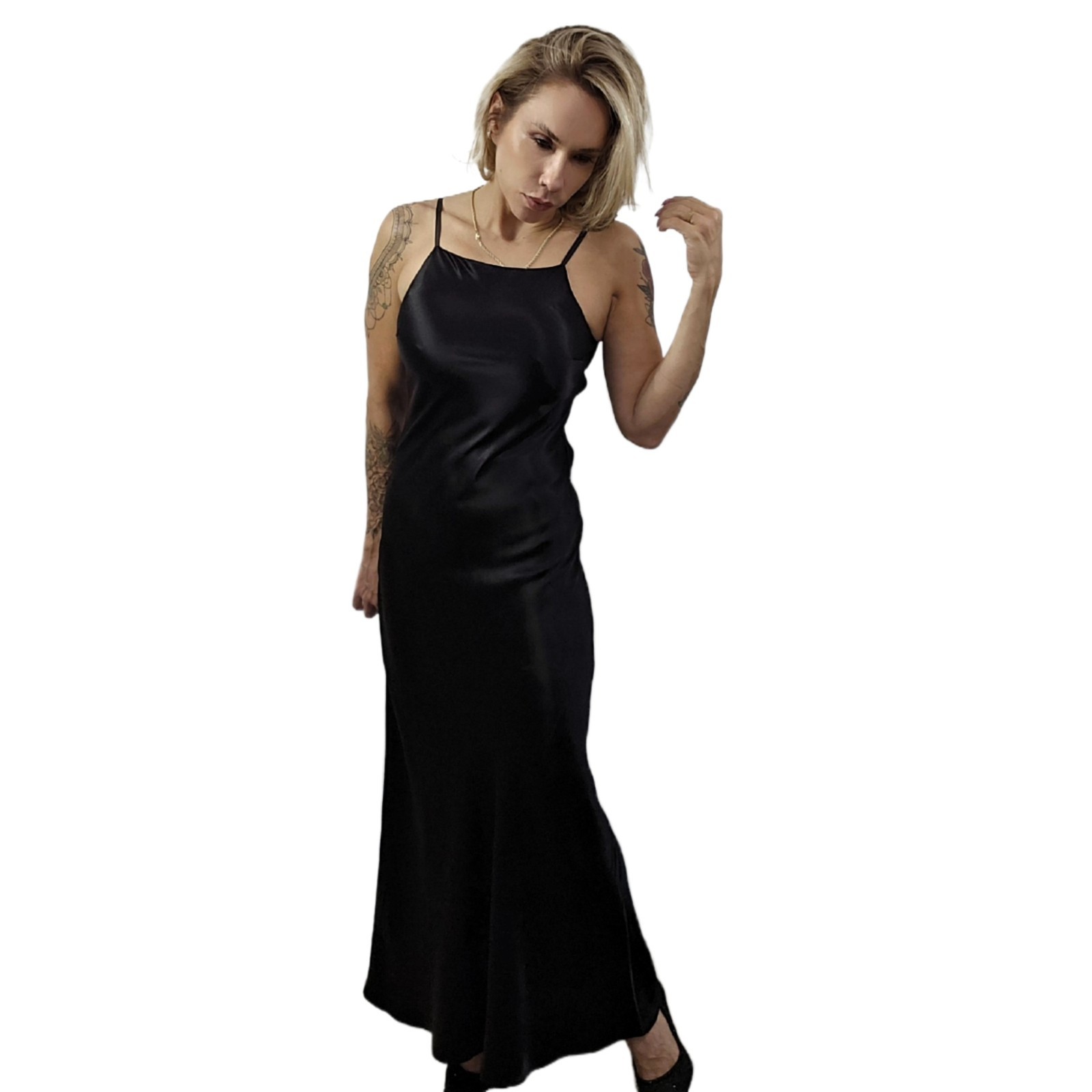 Roberta Vintage 1990s Black Satin Slip Dress Gown 5/6 Beaded Sheer Back