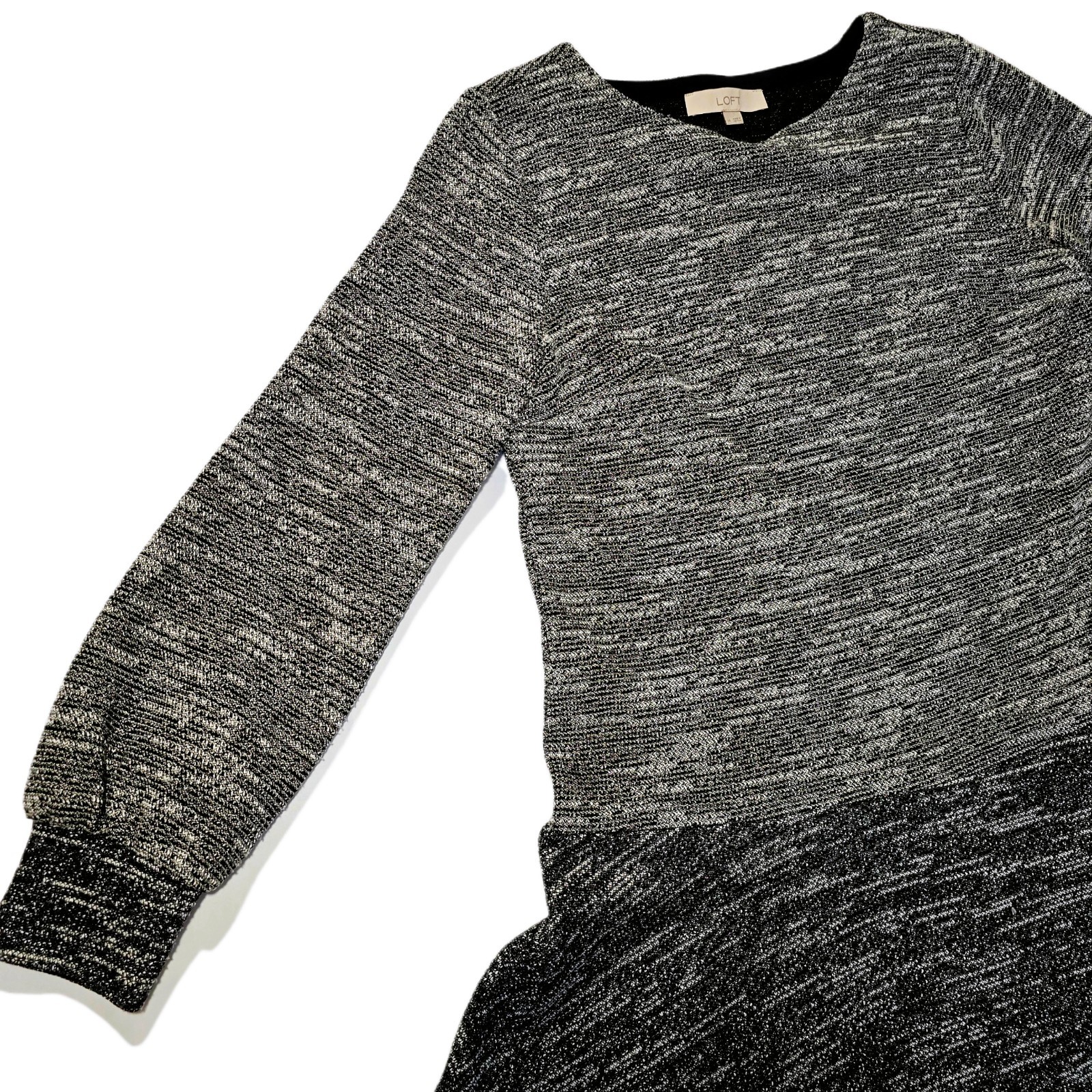 LOFT Women's Metallic Gray Sweater Dress, Medium, Balloon Sleeve, Fit & Flare