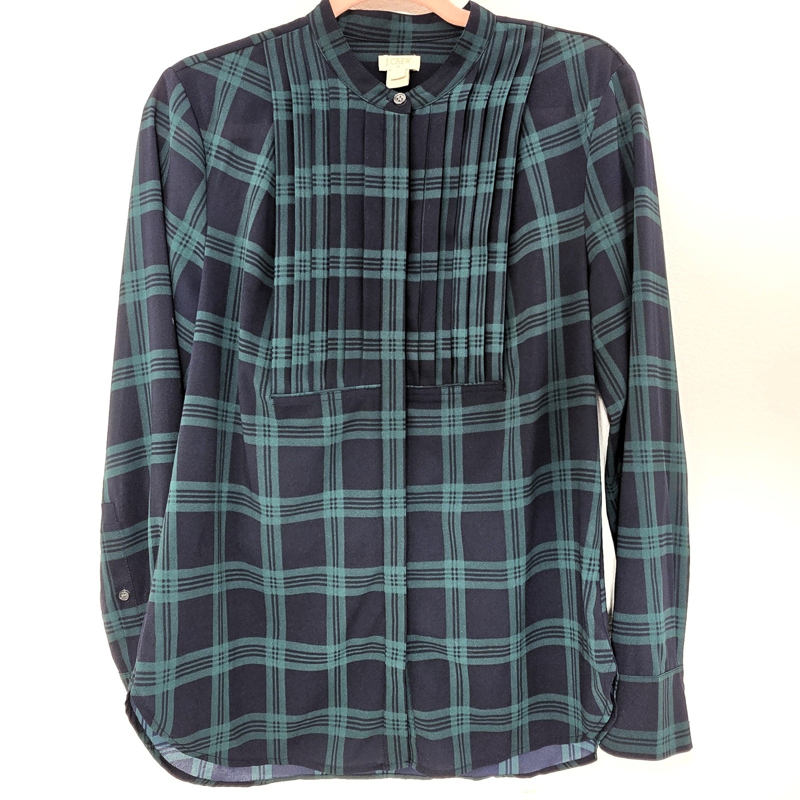 J.Crew Factory Women’s Navy Green Plaid Pleated Front Button Down Shirt Size S