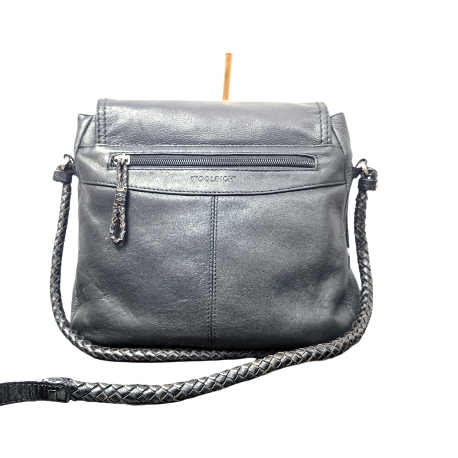 Woolrich Black Genuine Leather Crossbody Bag Braided Strap Multiple Pockets - Used