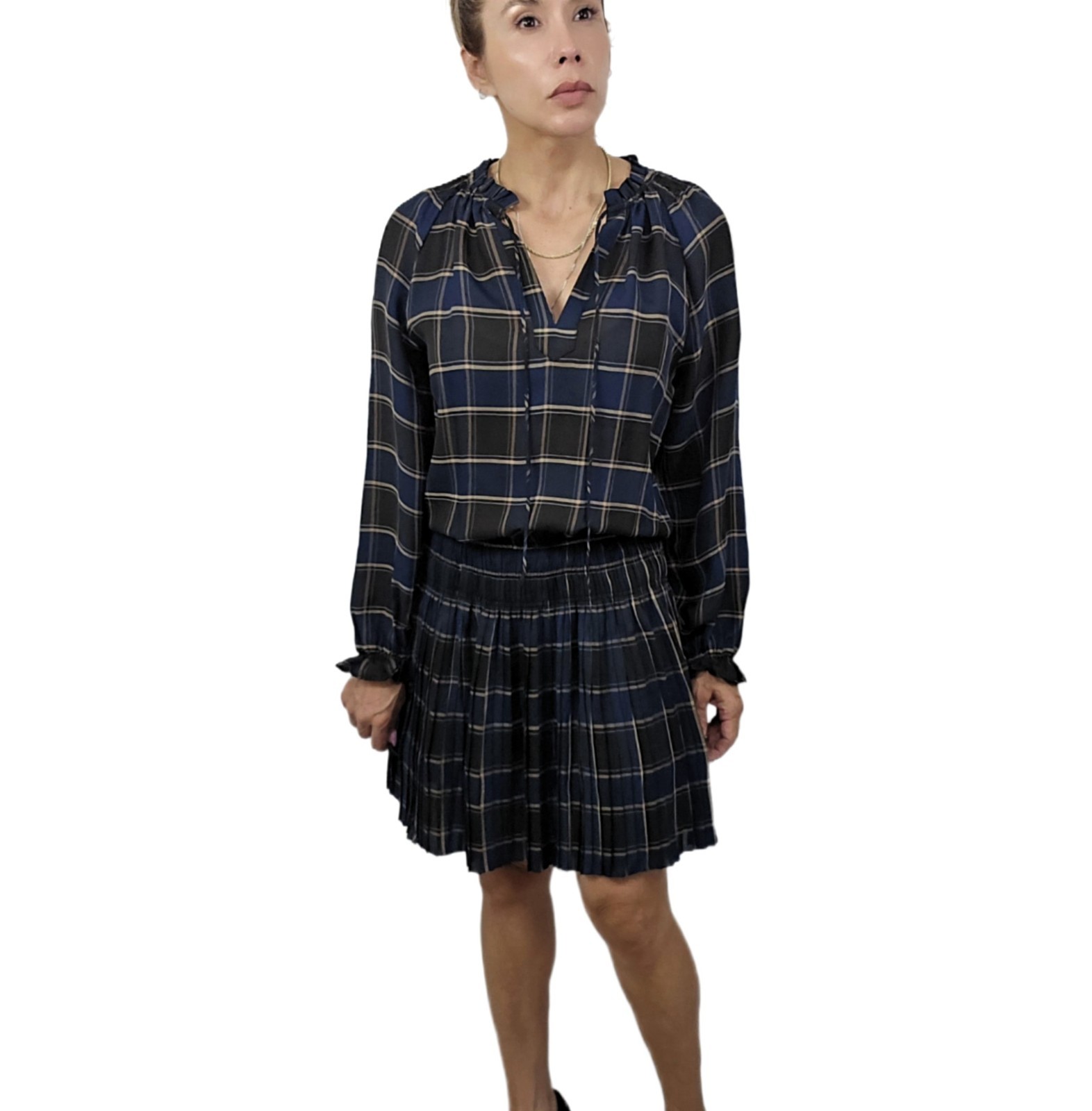 Current Air Black & Navy Plaid Ruffled Chiffon Mini Dress, Size S