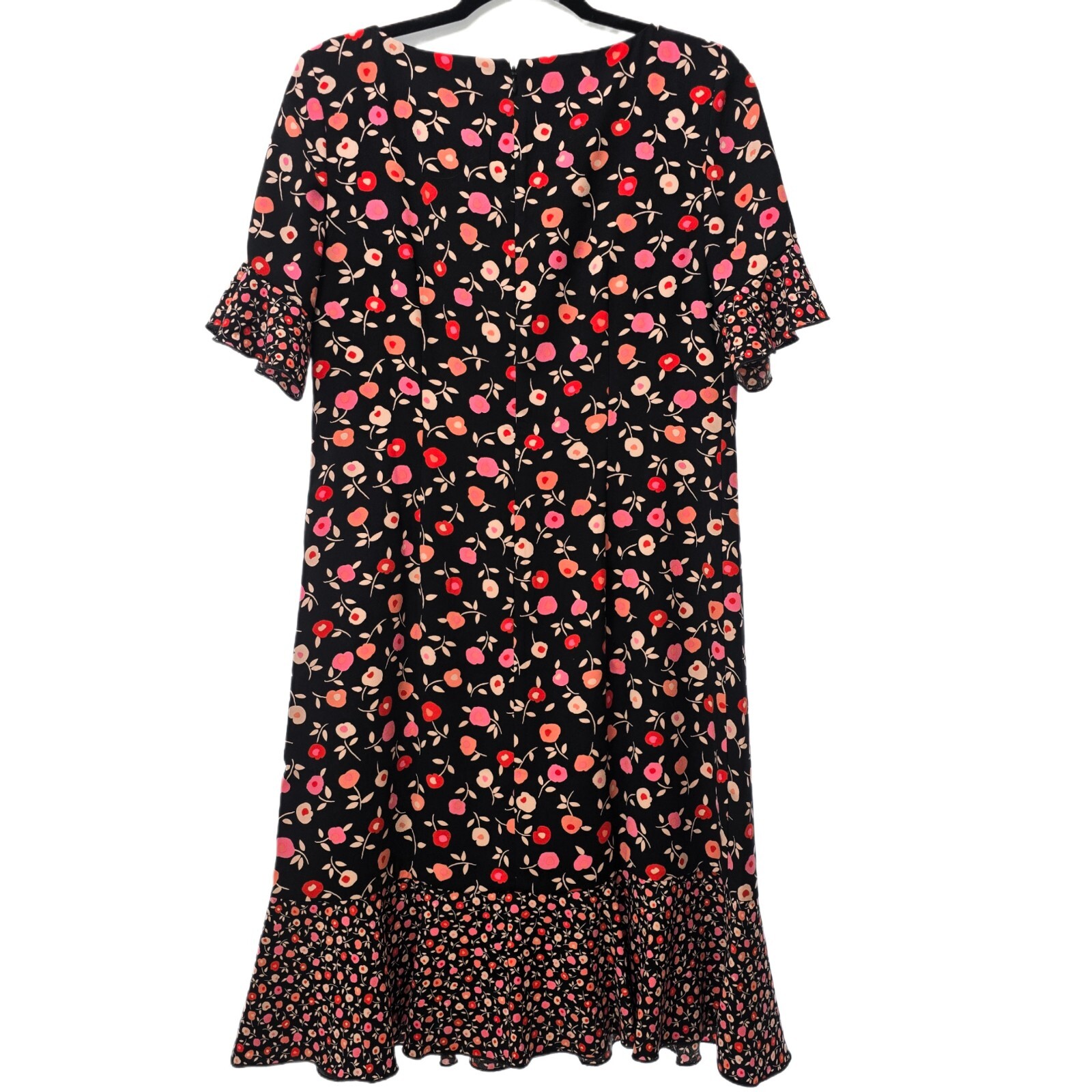 Talbots Women’s Floral Jewel Neck Shift Dress – Black with Ruffle Hem | Size 6