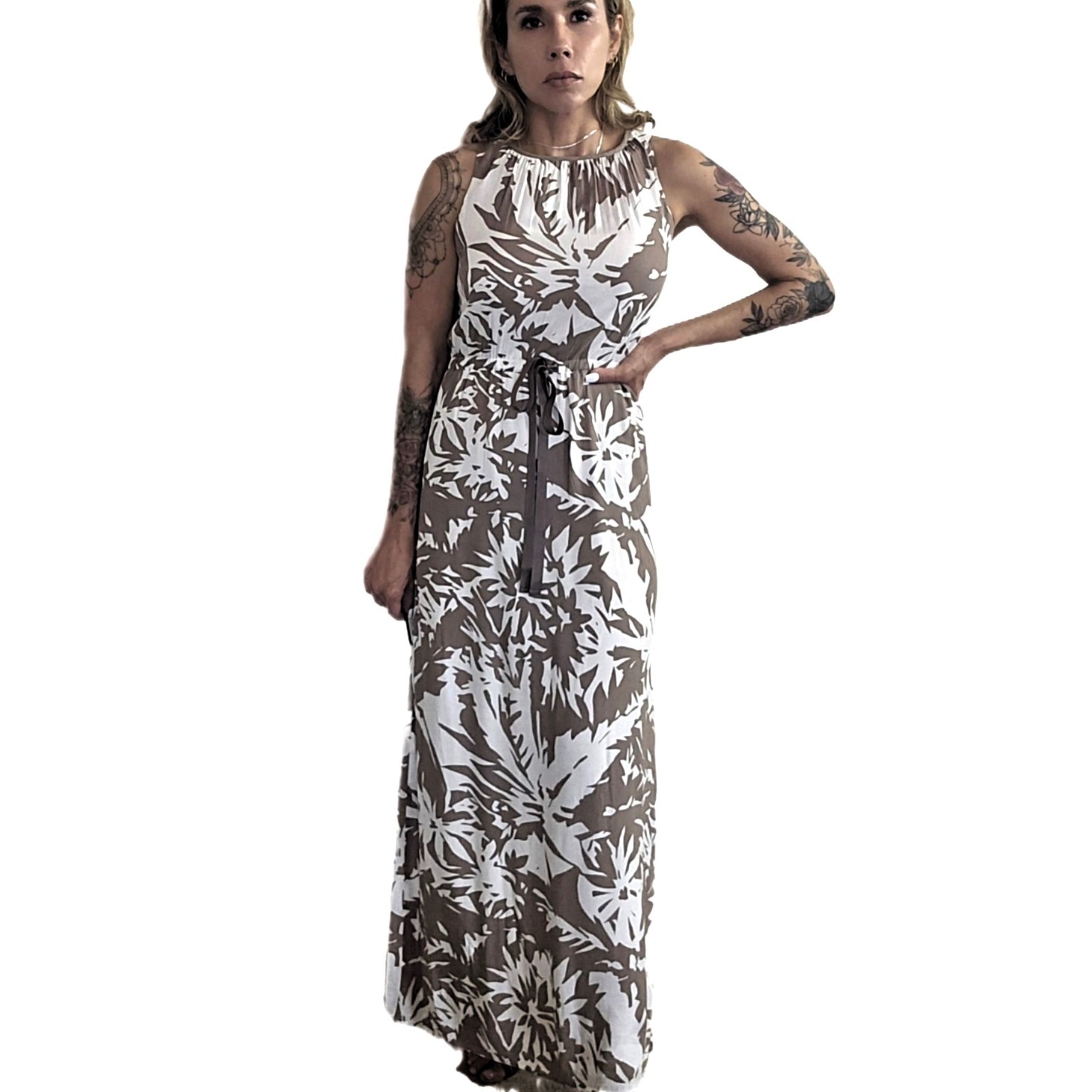 LOFT Women’s Brown White Floral Maxi Dress Sz 2 Sleeveless Tie Waist
