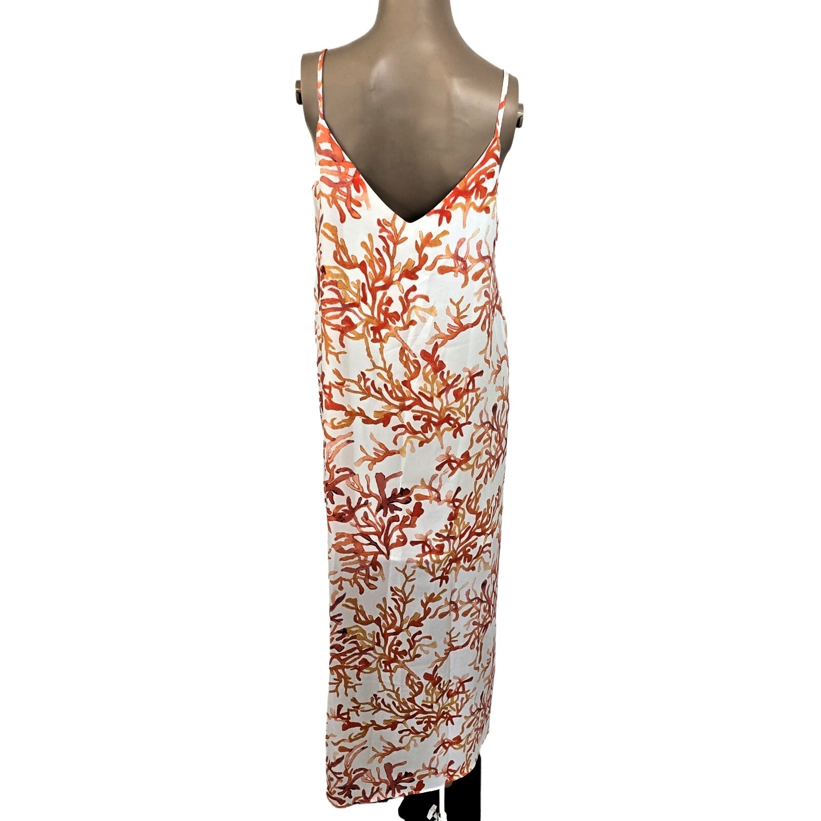 C&E Women's S Maxi Summer Dress Coral Print White Slit Lined Lightweight