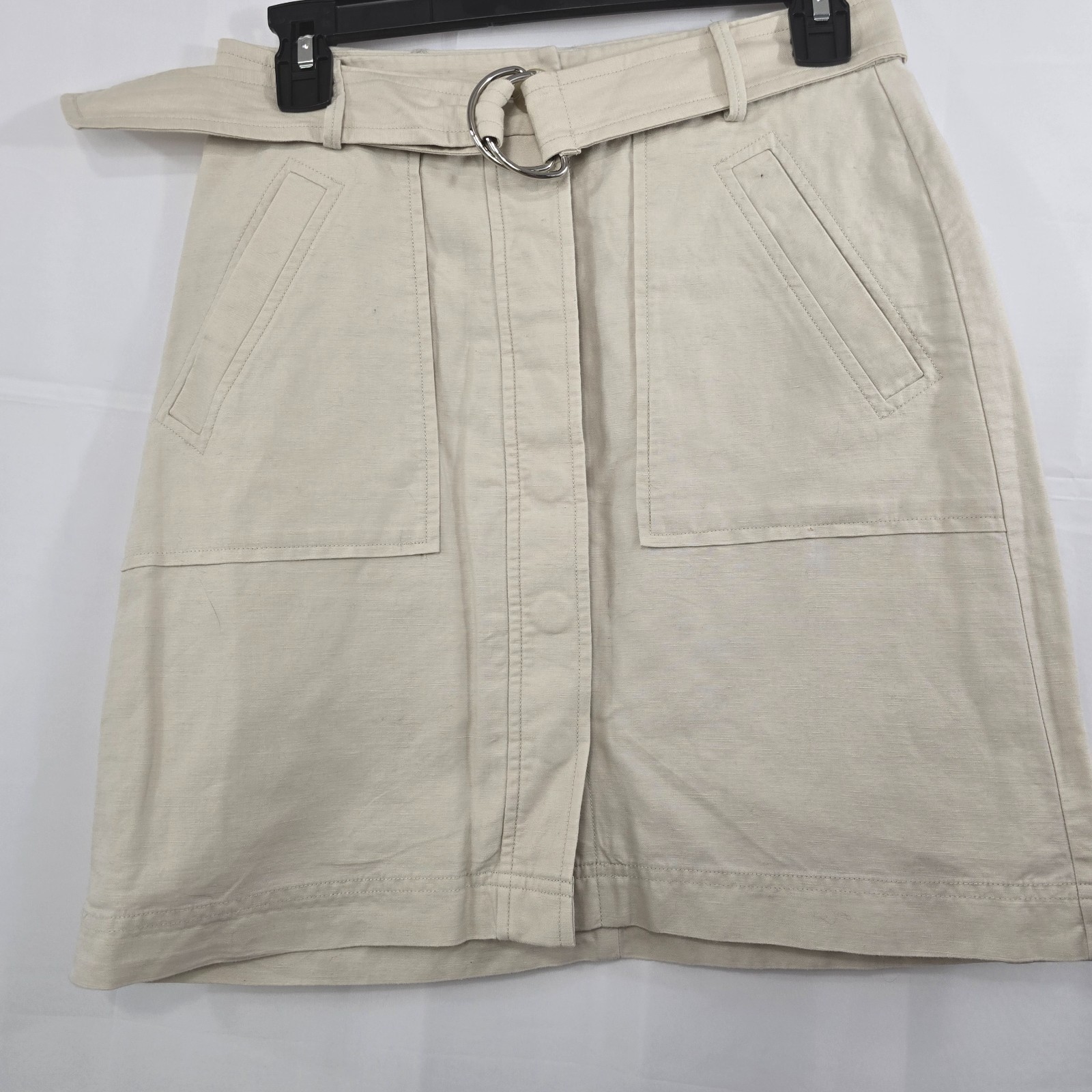 Ann Taylor Safari Belted Mini Skirt 2P Khaki A-Line Button Front Lined Cotton