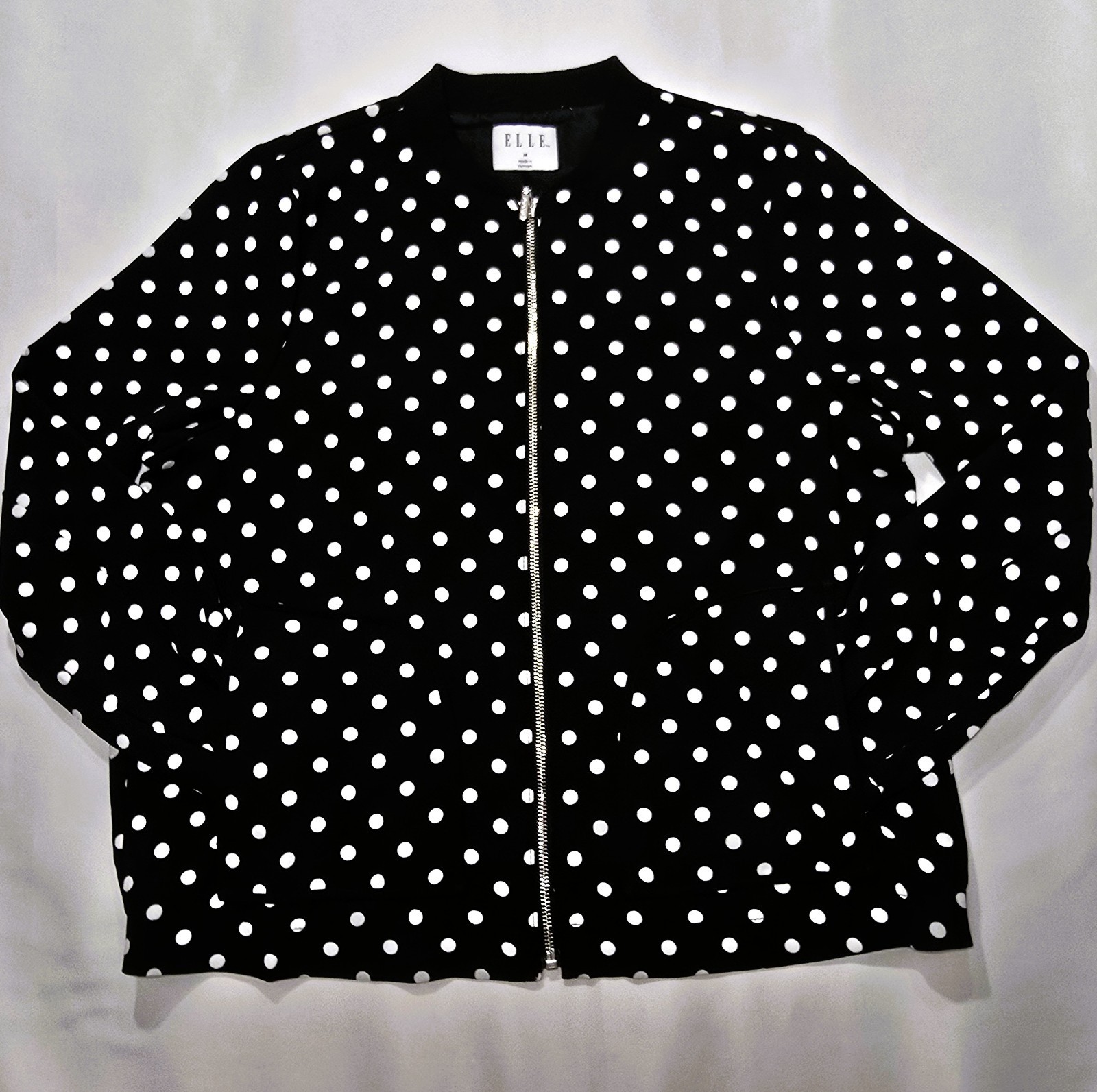 ELLE Womens Black White Polka Dot Bomber Jacket Medium Full Zip Pockets Lined