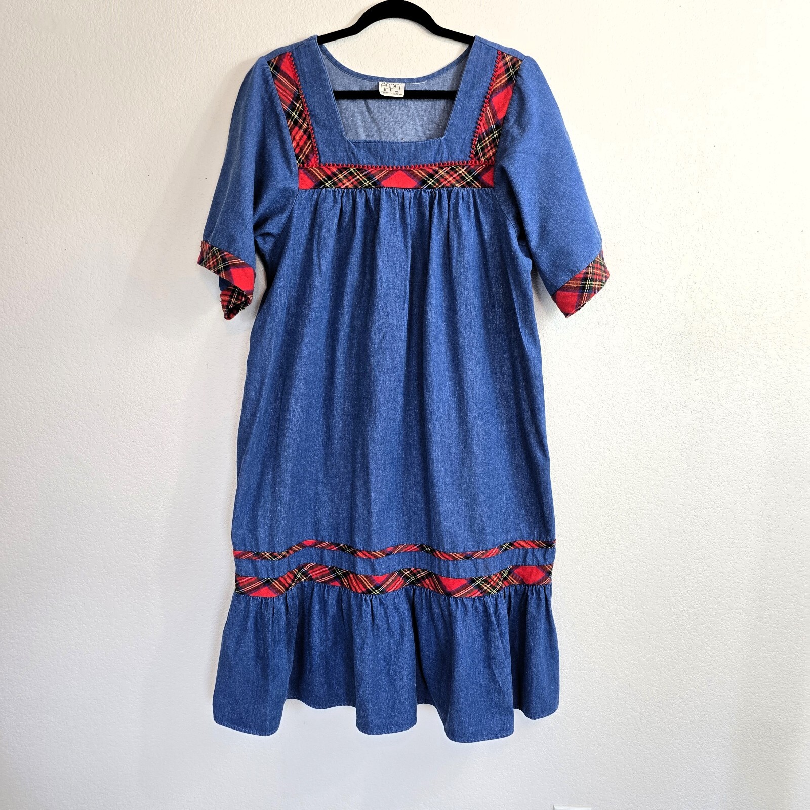 VTG 1980s Appel Denim Look Dress Boho Red Plaid Trim L/XL Grandmacore Cotton
