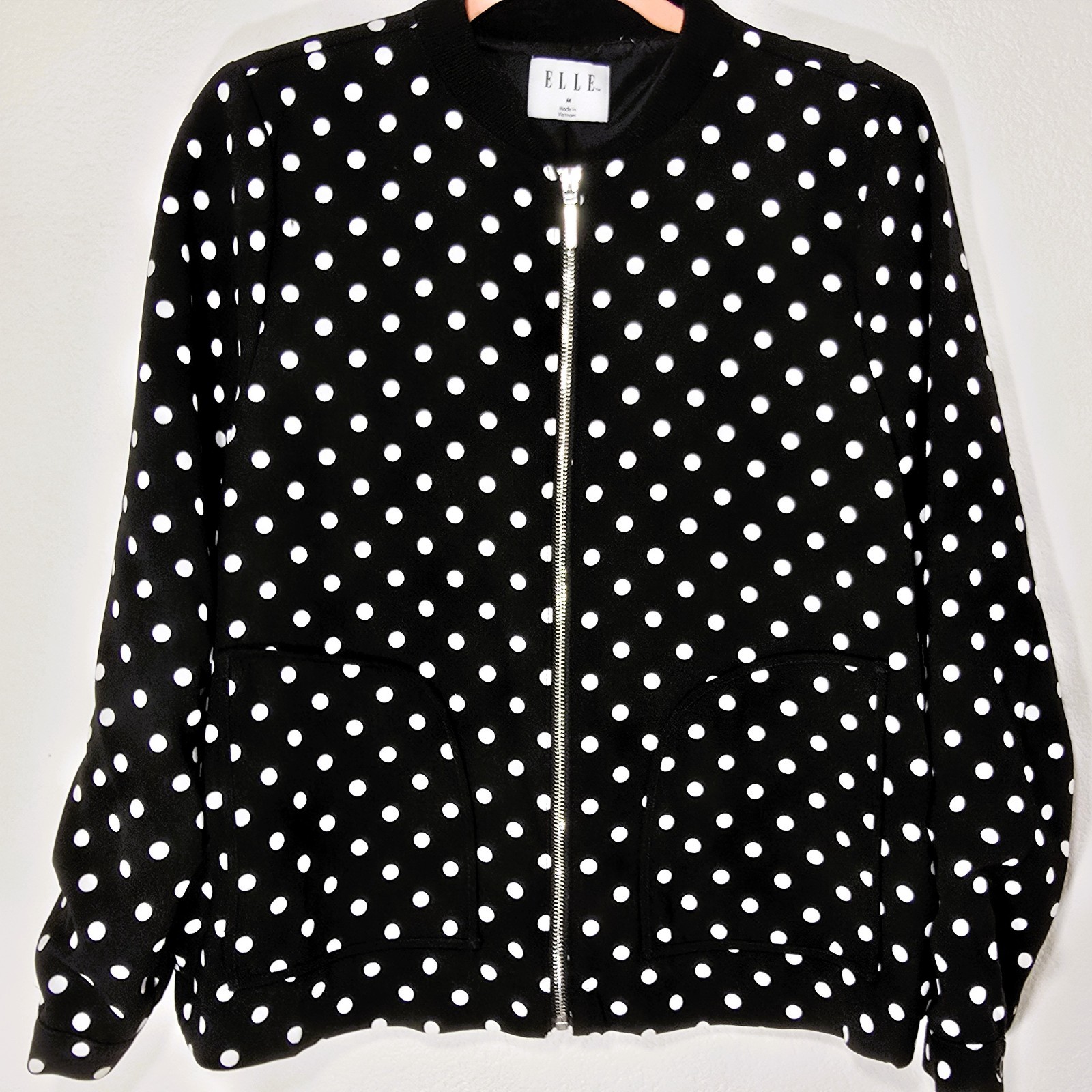 ELLE Womens Black White Polka Dot Bomber Jacket Medium Full Zip Pockets Lined