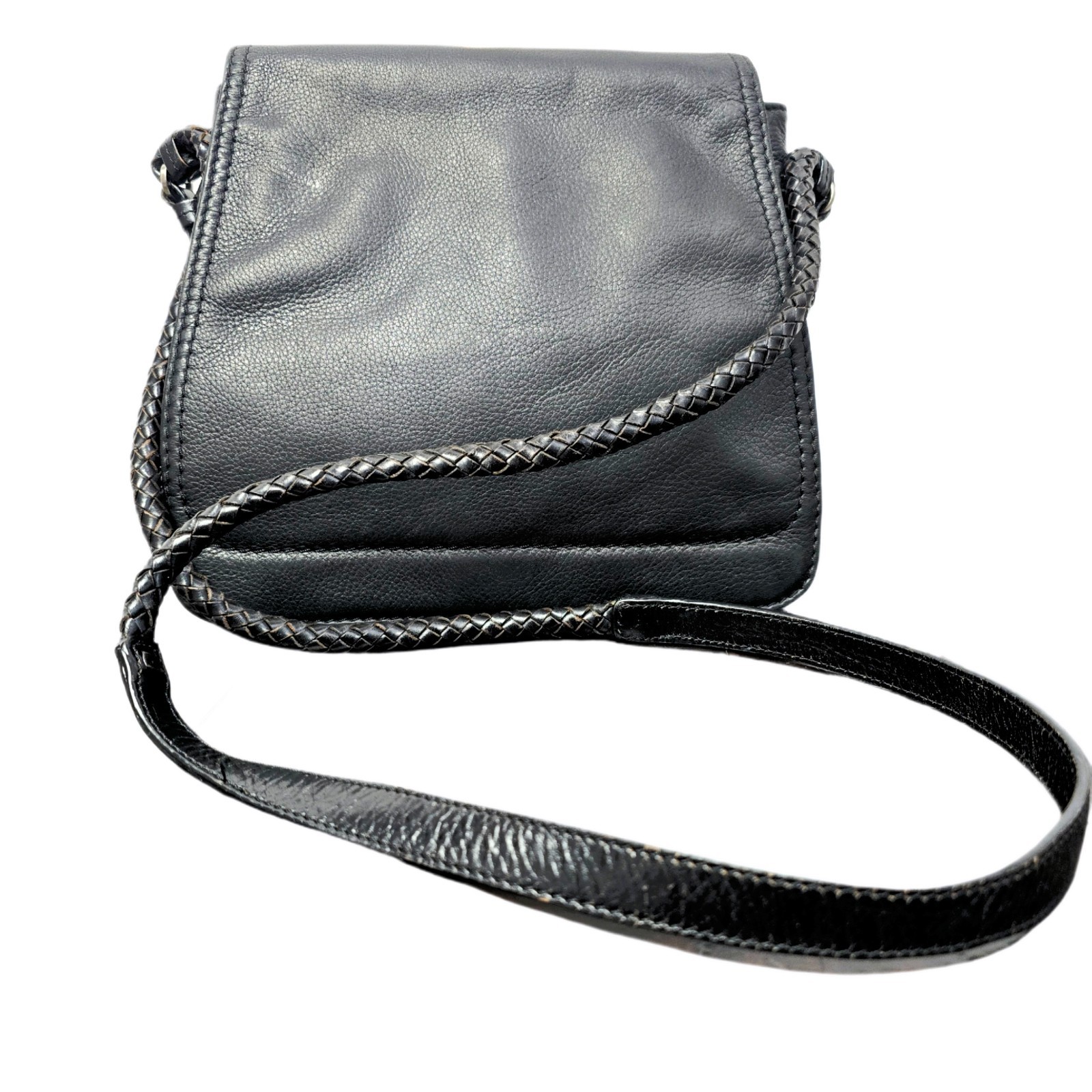 Woolrich Black Genuine Leather Crossbody Bag Braided Strap Multiple Pockets - Used