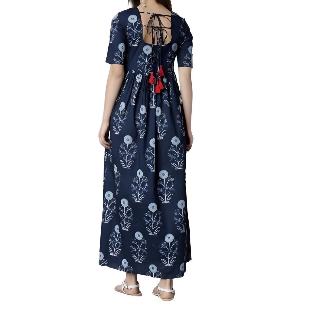 Vishudh Women’s Printed Ankle-Length Aline Dress, Blue, Size S